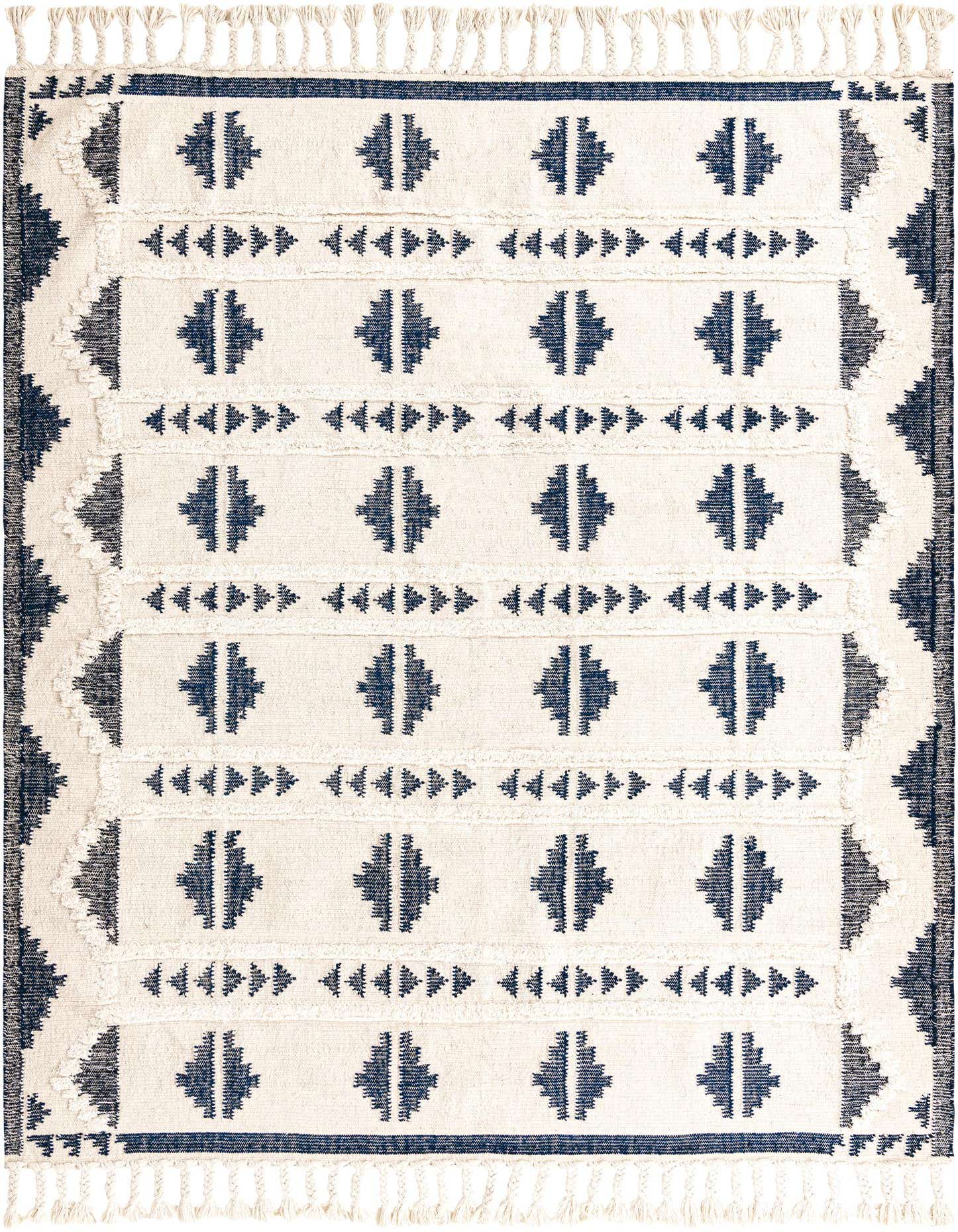 A rectangular 8x10 Rugs.com Arizona rug featuring a modern tribal pattern in blue and white with shag texture and tassels.