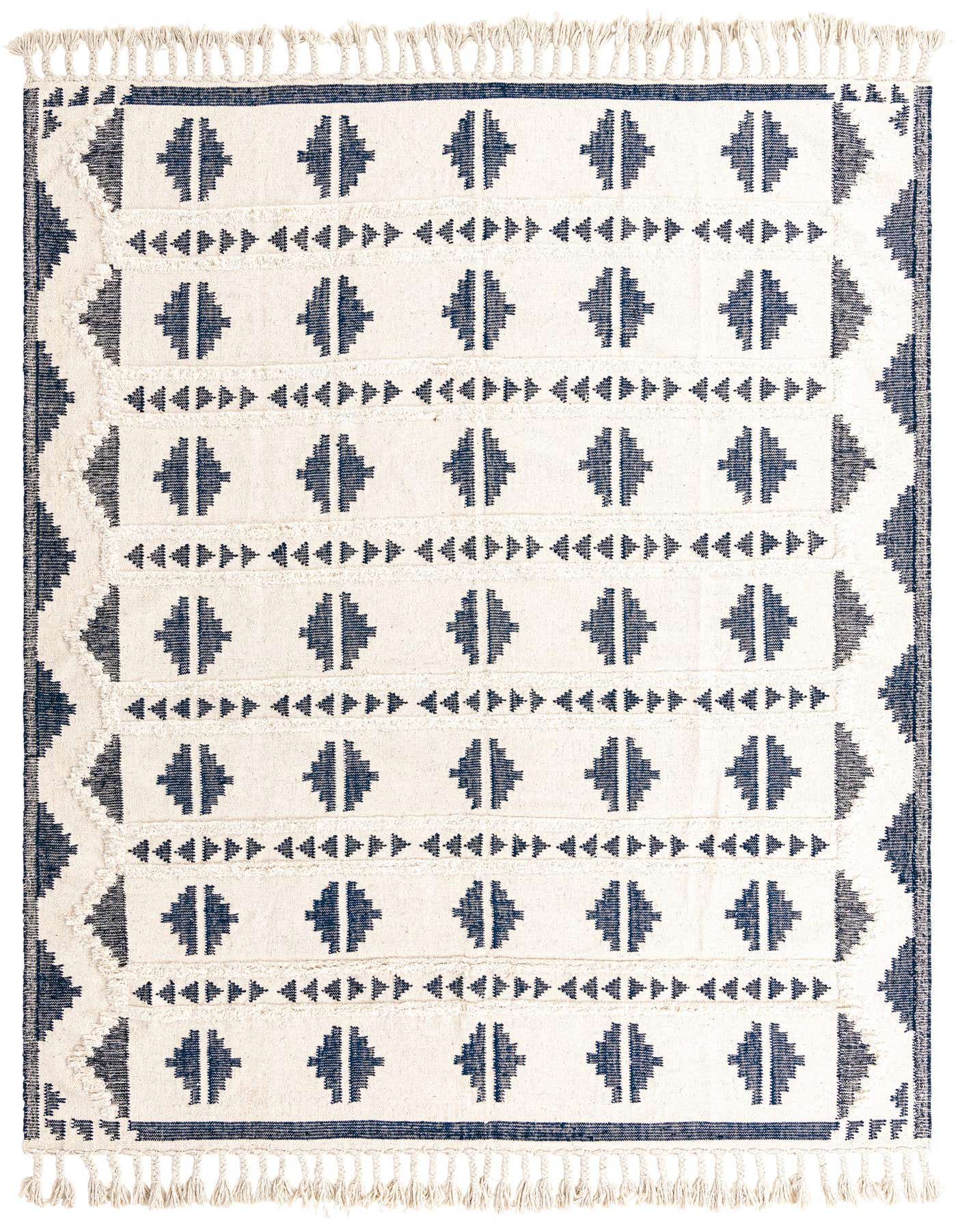 A 9x12 rectangular Rugs.com Arizona rug featuring a modern tribal pattern in blue and white, with shag texture and fringe.