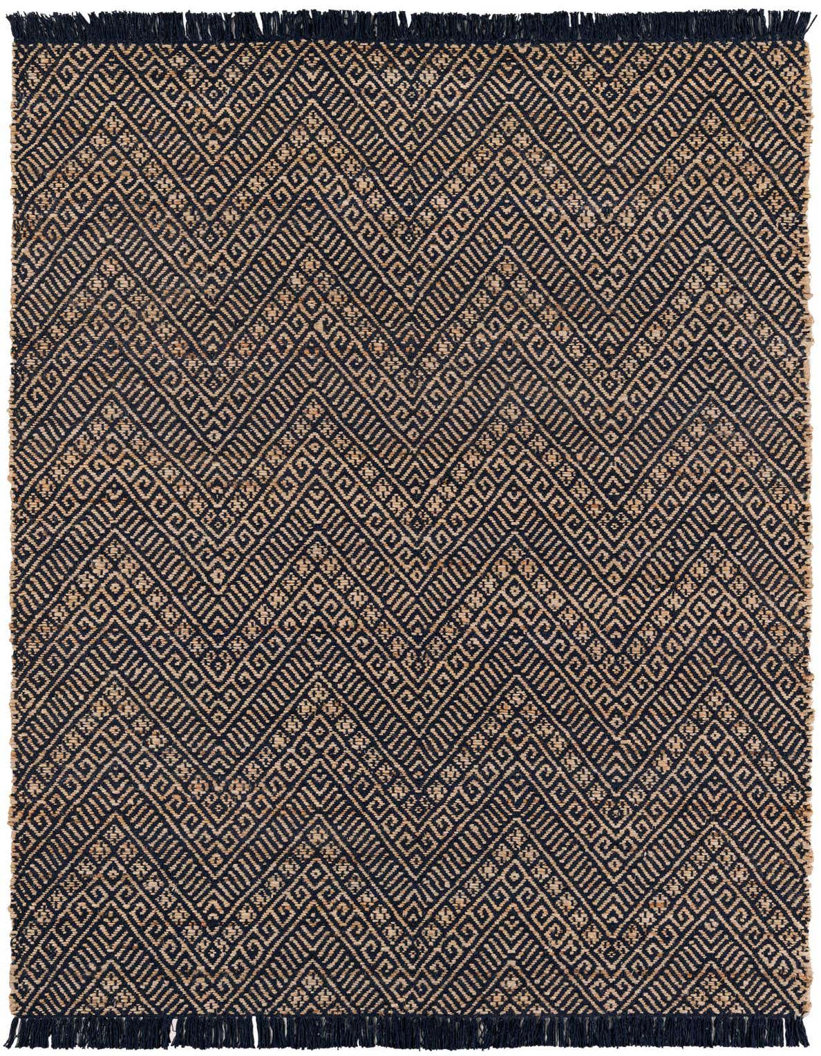 A 5x8 rectangular Braided Jute rug with a modern geometric pattern in navy blue and natural tan, featuring a textured flatweave and fringed ends.