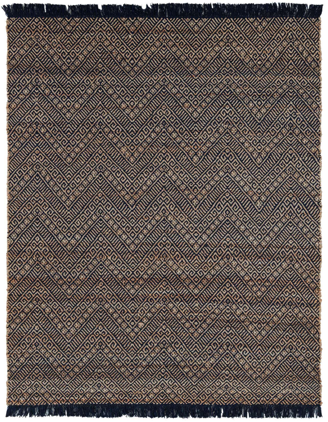 A 6x9 rectangular Rugs.com Braided Jute rug with a modern geometric pattern in blue and natural white, featuring fringed edges.