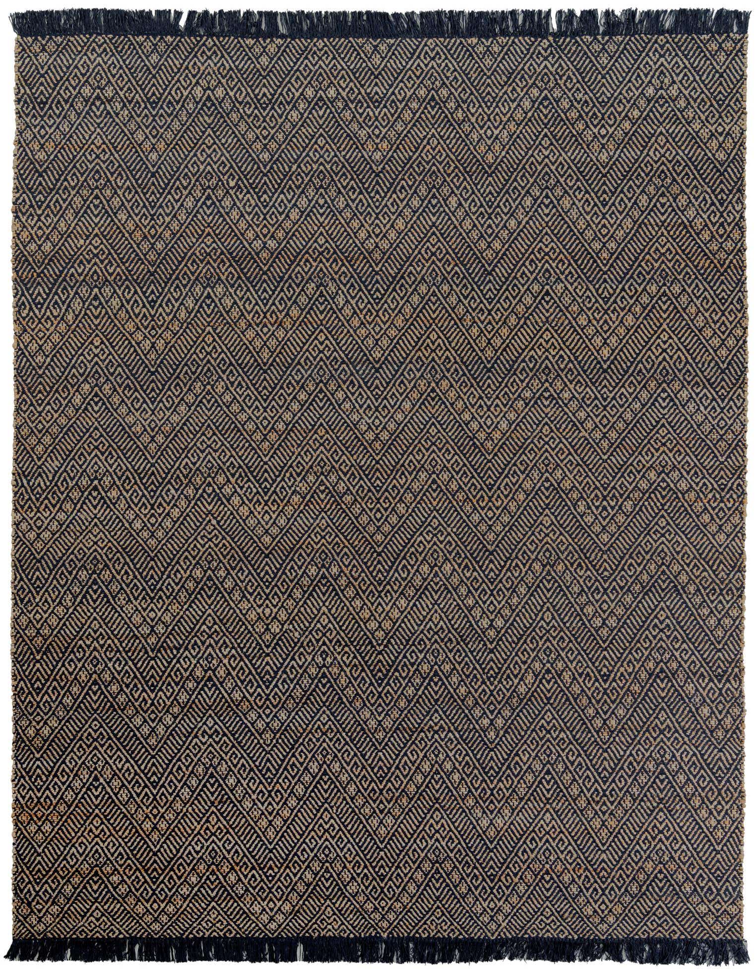A rectangular 8x10 blue and white jute and cotton rug with a modern geometric pattern and fringed edges.