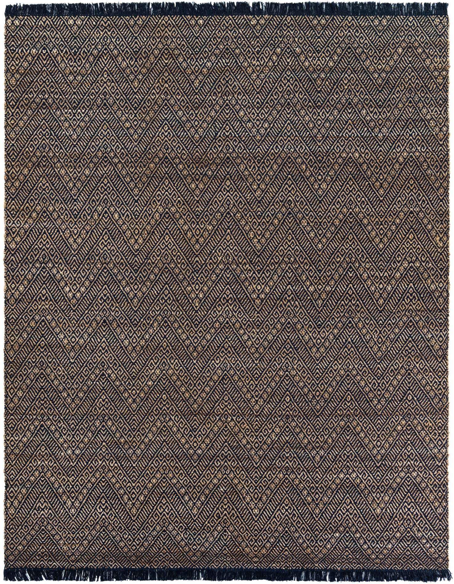 A 9x12 rectangular blue and natural jute rug with a modern geometric diamond pattern and fringed edges.