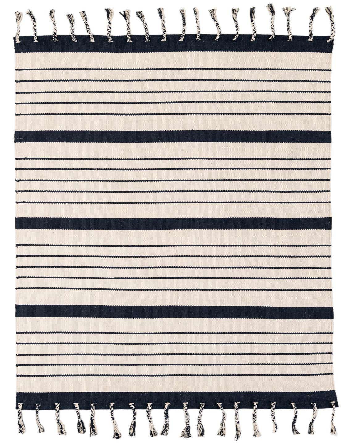 A 5x8 rectangular Chindi Cotton rug featuring a modern stripe pattern in navy blue and off-white with tasseled edges.
