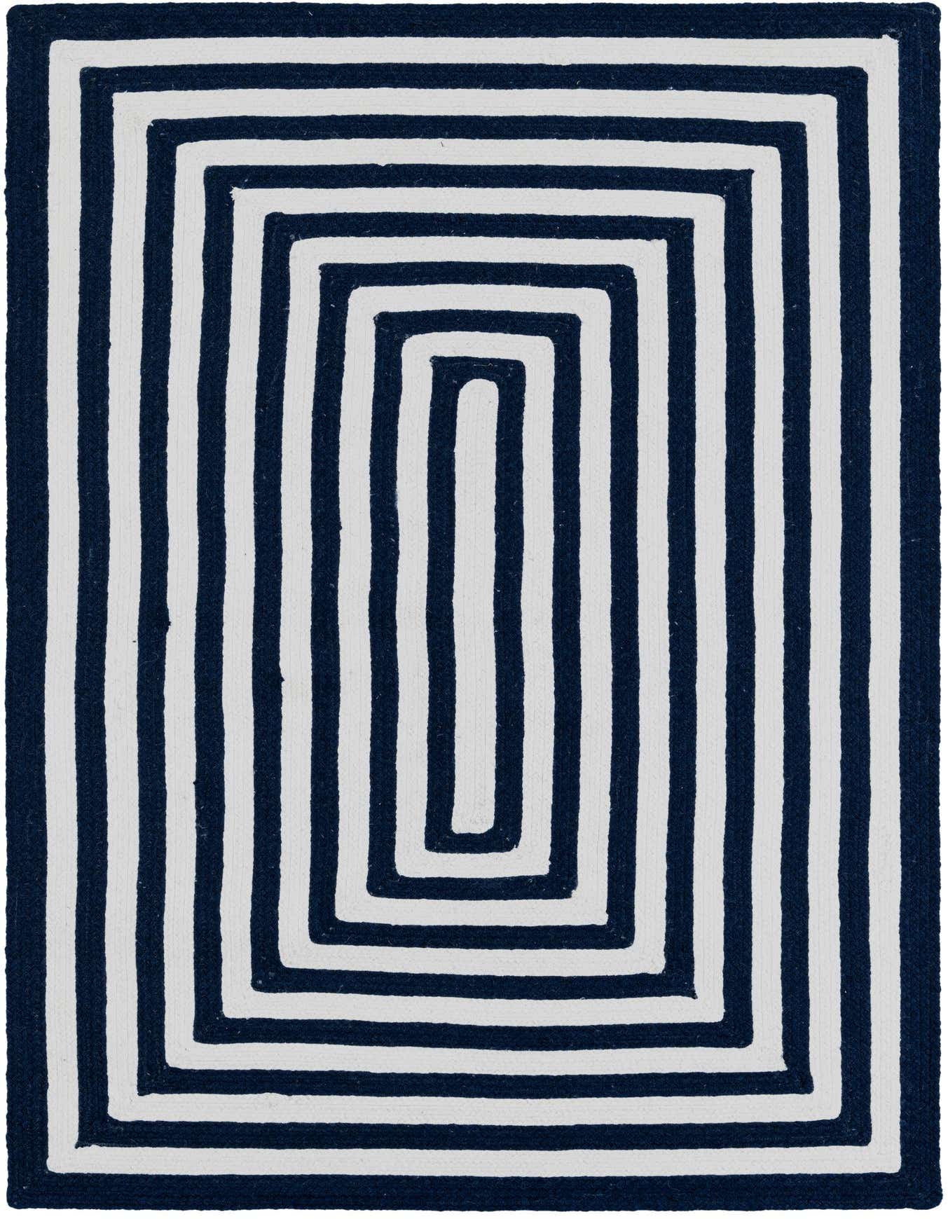 A 4x6 rectangular Eco Verse rug with a bold navy blue and white striped concentric rectangle pattern, suitable for indoor or outdoor spaces.