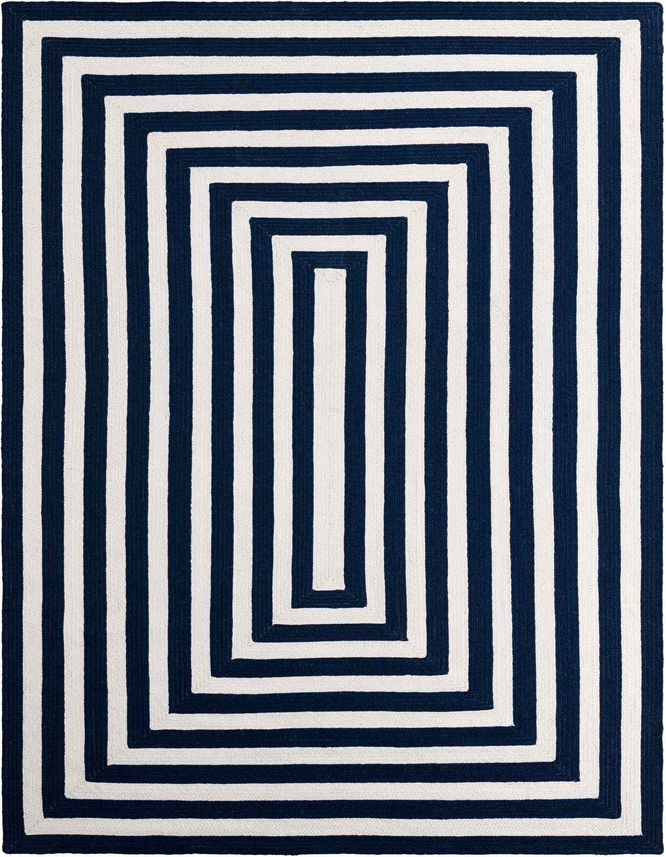 A 5x8 rectangular Eco Verse rug featuring a bold, modern pattern of concentric navy blue and white stripes.