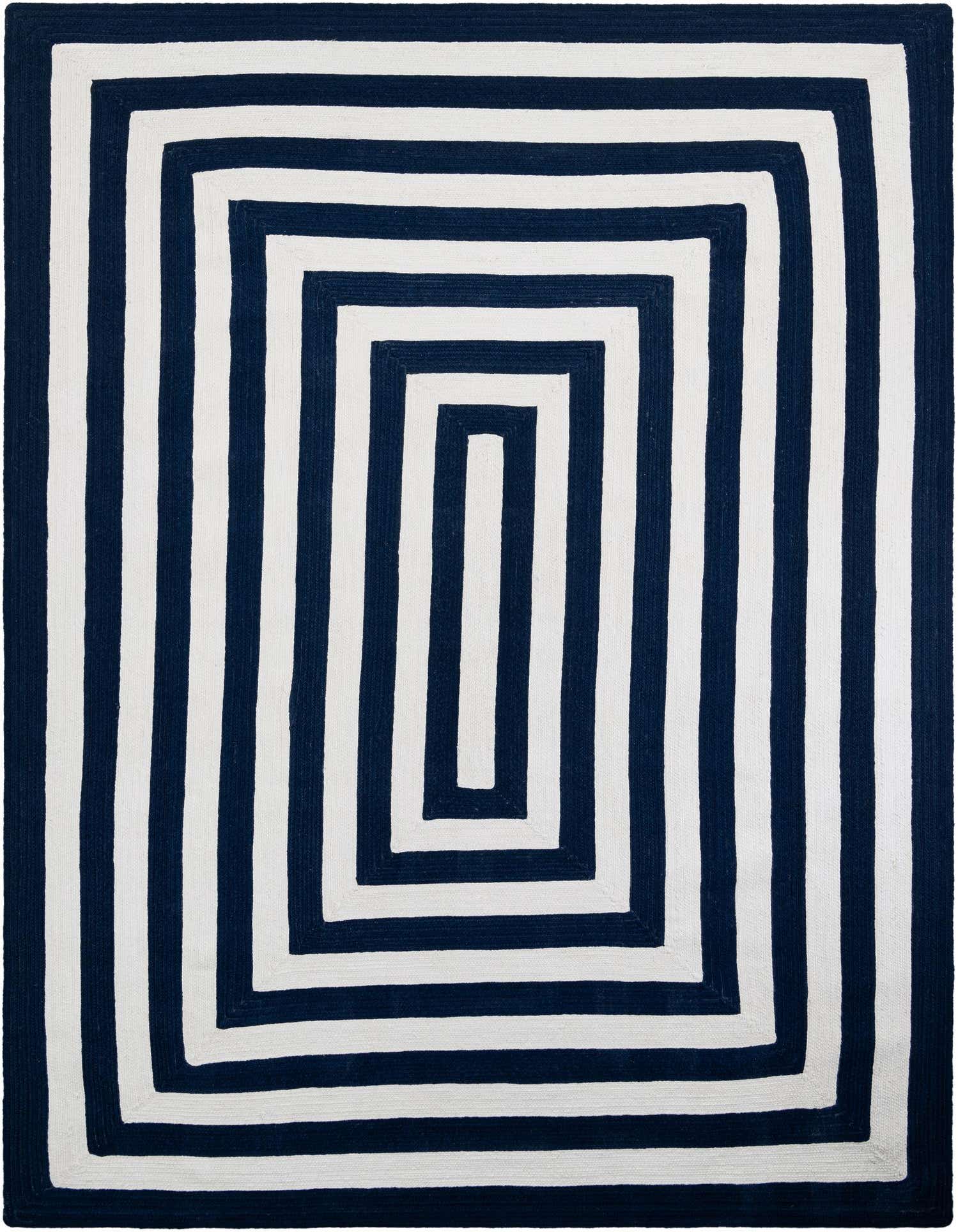 A 9x12 rectangular Eco Verse rug featuring a bold navy blue and white concentric stripe pattern, ideal for a modern or coastal living space.