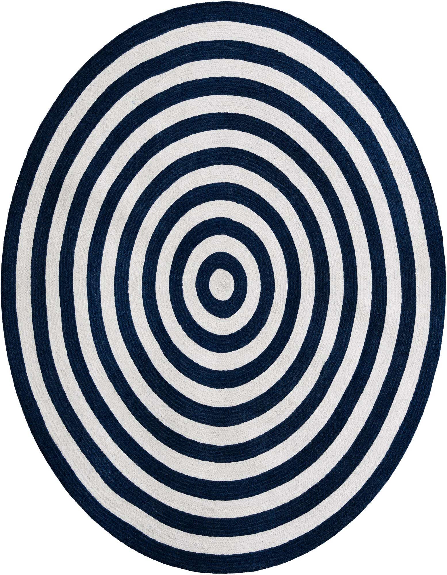 A 5' 3 round blue and white striped rug with a concentric circle pattern, suitable for indoor or outdoor use.