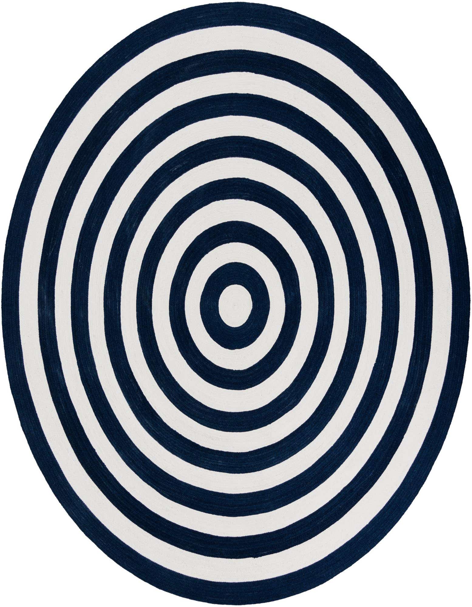 A 7' 10" round Eco Verse rug featuring concentric navy blue and white stripes, suitable for indoor or outdoor use.