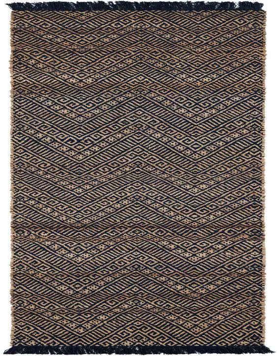 A 10 ft runner rug in navy blue and natural jute, featuring a modern geometric pattern with fringe.