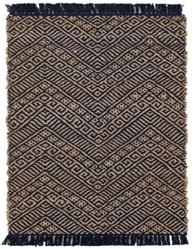 A 5 ft runner rug featuring a modern geometric pattern in navy blue and natural jute, with fringed ends, ideal for a hallway.