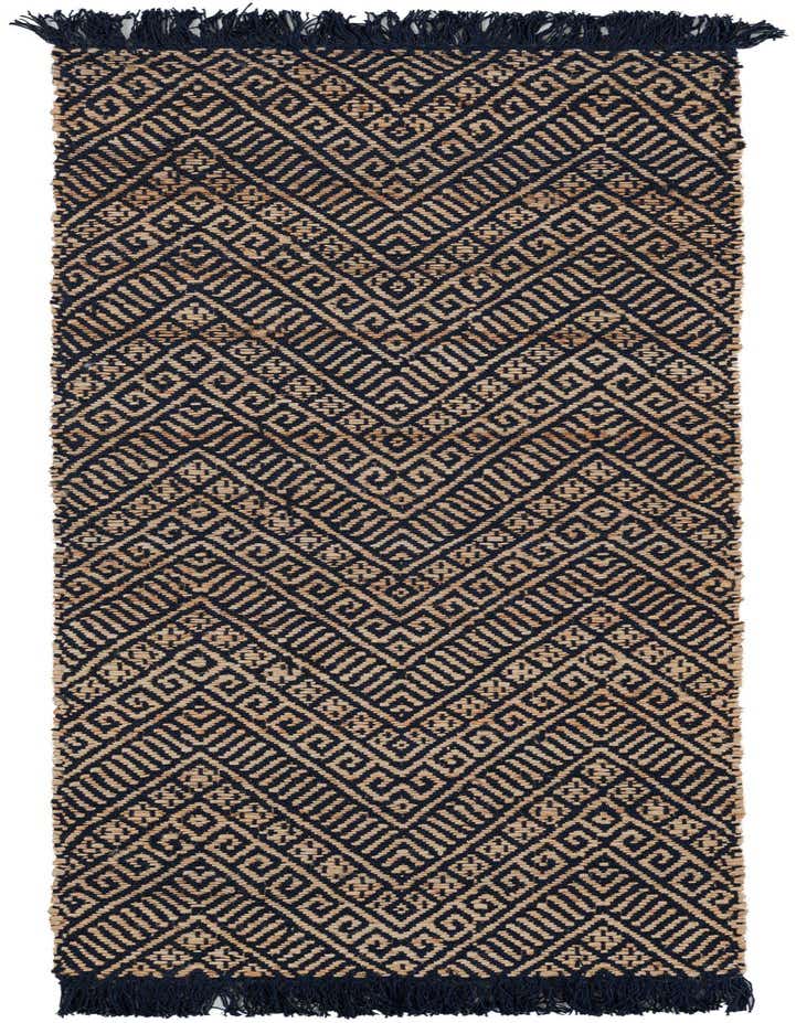 A 6 ft runner rug with a modern geometric pattern in navy blue and natural jute, featuring braided texture and fringed ends.