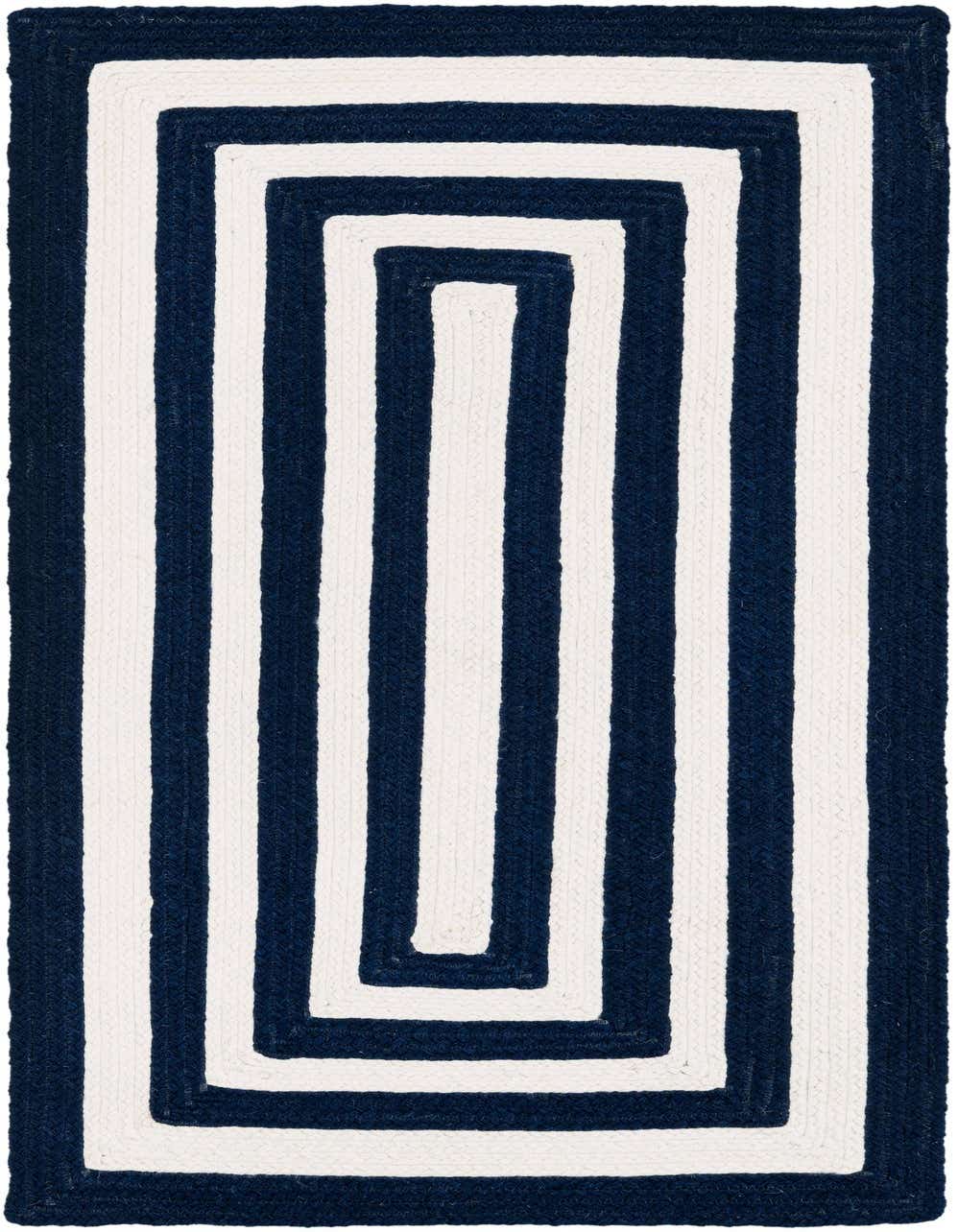 A 4 ft runner rug featuring a modern coastal stripe pattern in alternating navy blue and white braided rectangles.