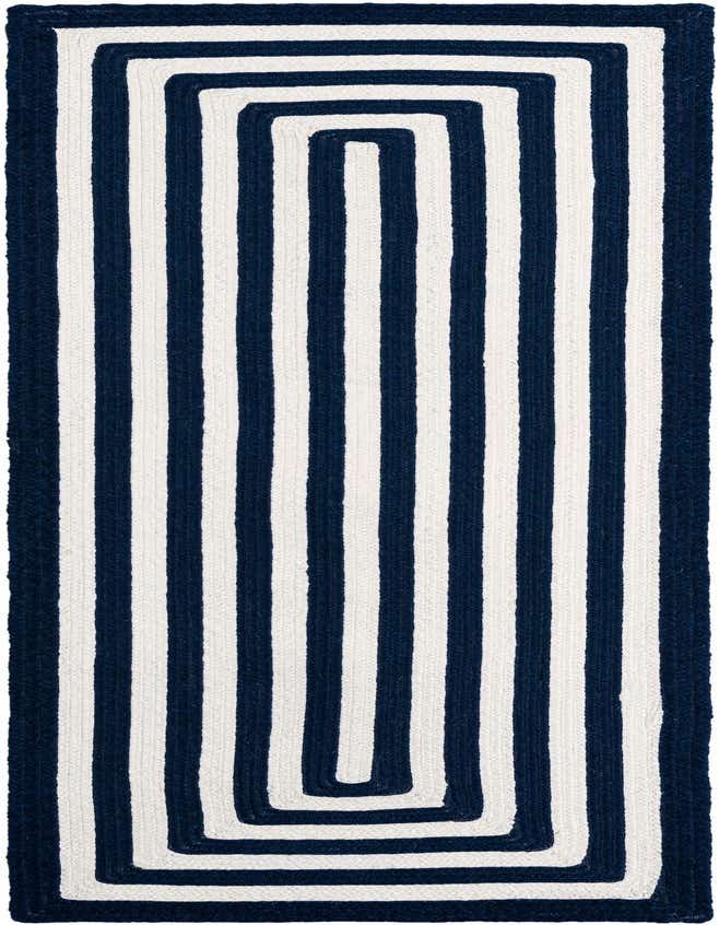 A 6 ft runner rug with a bold navy blue and white striped pattern, ideal for hallways or patios.