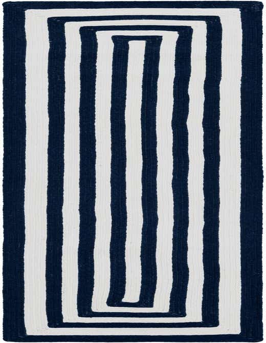 A navy blue and white striped runner rug with a rectangular border design, ideal for a hallway or patio.