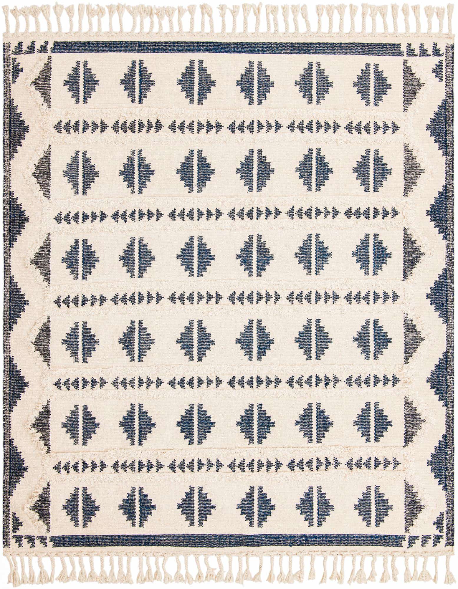 A 10'x10' square tribal wool shag rug in cream with navy blue geometric patterns and fringe.