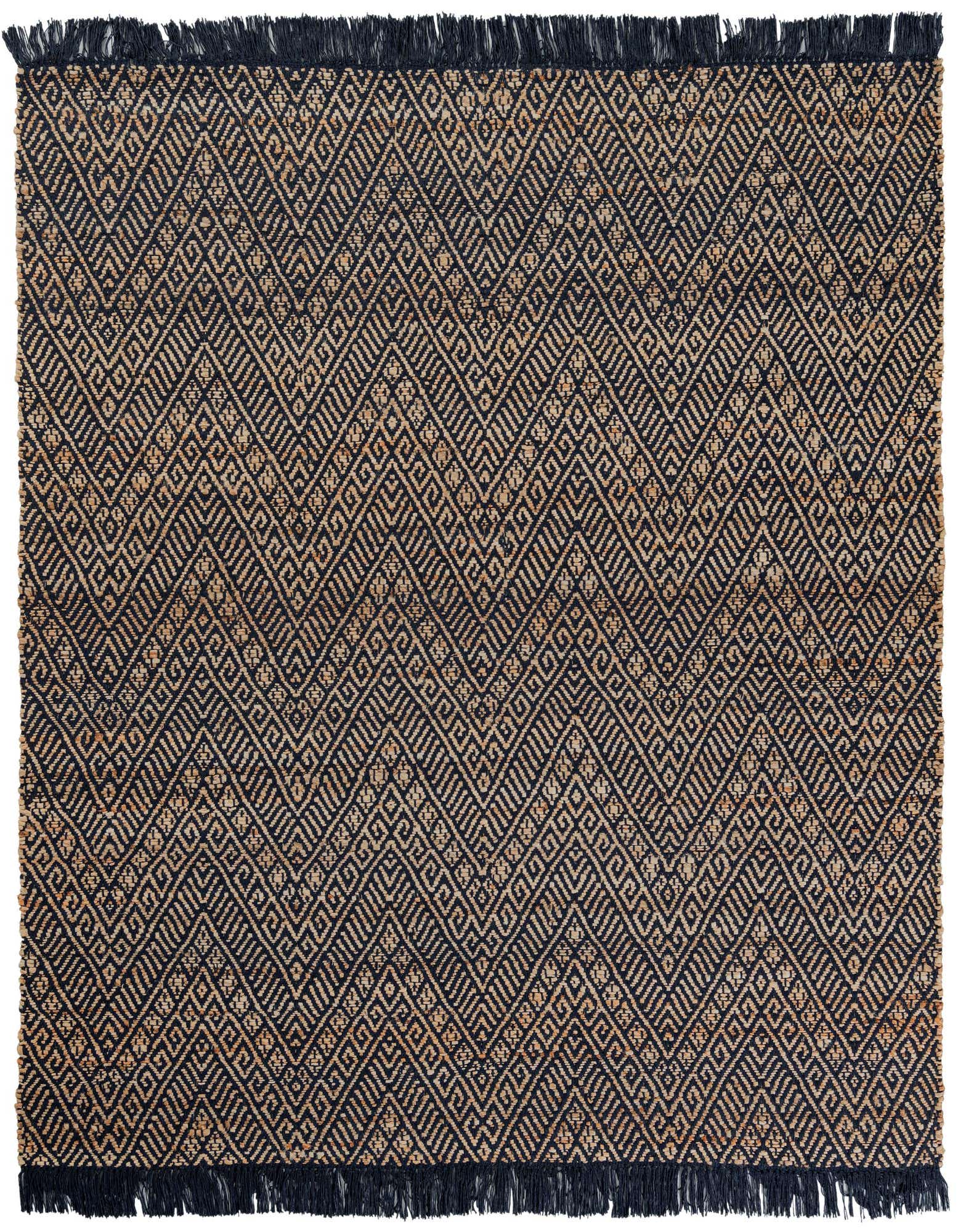 A 6'1" x 6'1" square Braided Jute rug featuring a modern geometric pattern in navy blue and natural beige tones, with fringed edges.