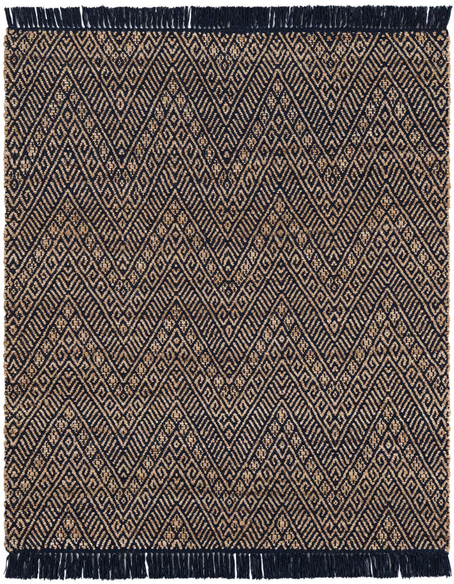A square 5'1" x 5'1" Rugs.com Braided Jute rug with a modern geometric pattern in navy blue and natural tan, featuring a textured flatweave and short blue fringes.