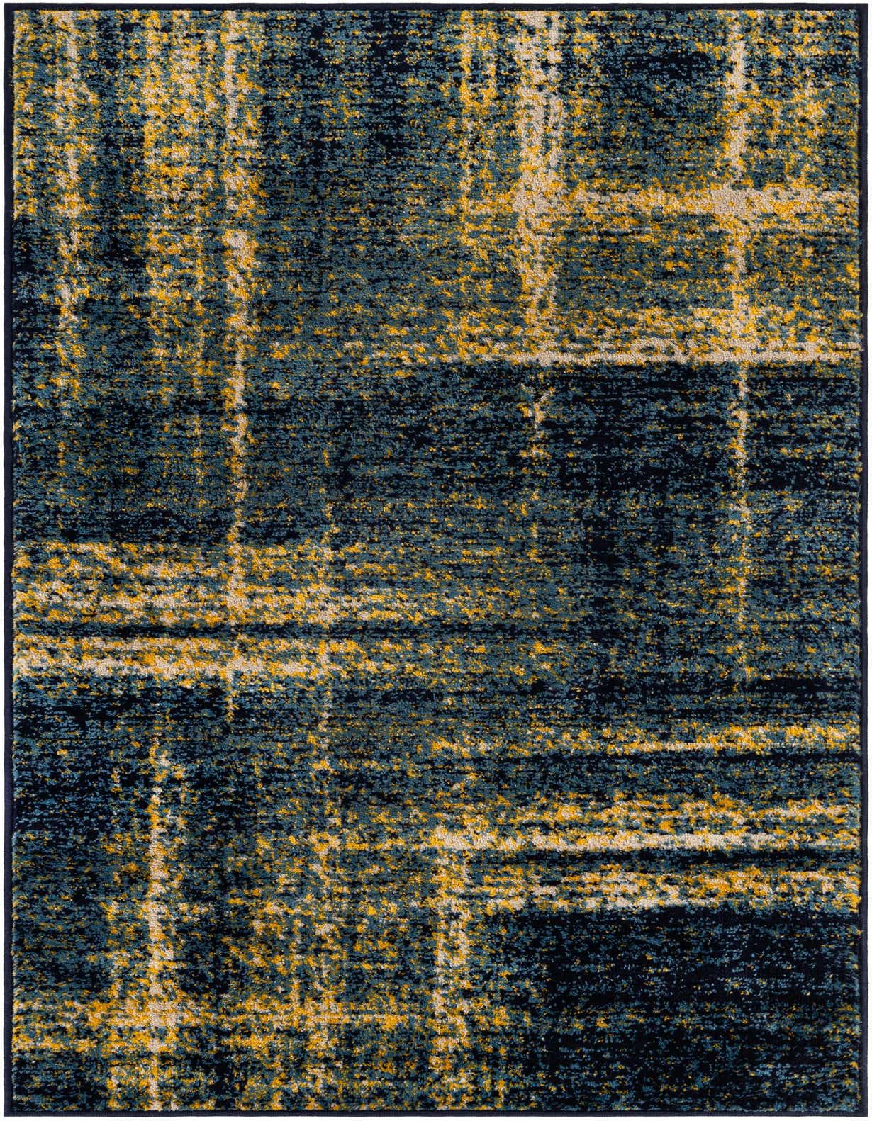 A 3x5 rectangular Laguna rug featuring a modern abstract pattern in navy blue and yellow, suitable for a kitchen.