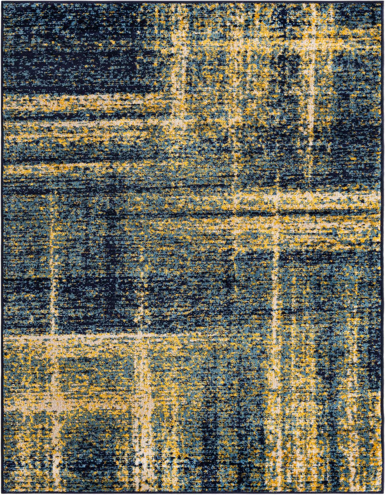 A 4x6 rectangular rug featuring an abstract pattern with mottled navy blue, teal, and yellow hues.