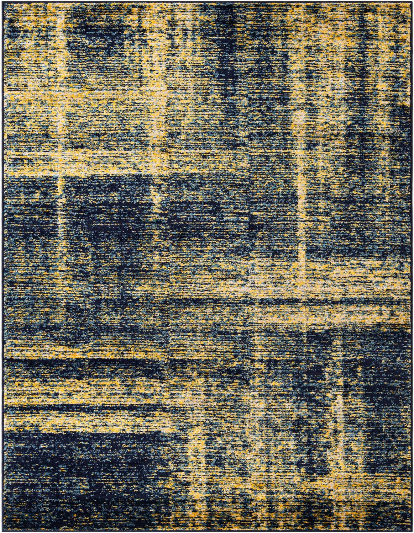 A 6x9 rectangular area rug featuring an abstract, distressed pattern in navy blue and bright yellow, suitable for indoor spaces.