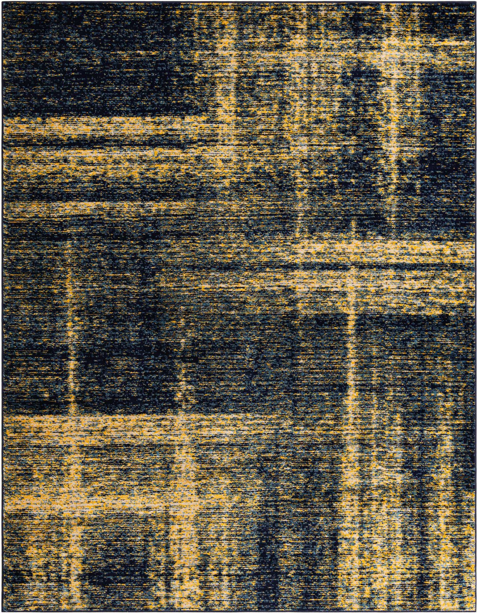 An 8x10 rectangular area rug featuring an abstract pattern of navy blue and yellow, suitable for a modern living room.