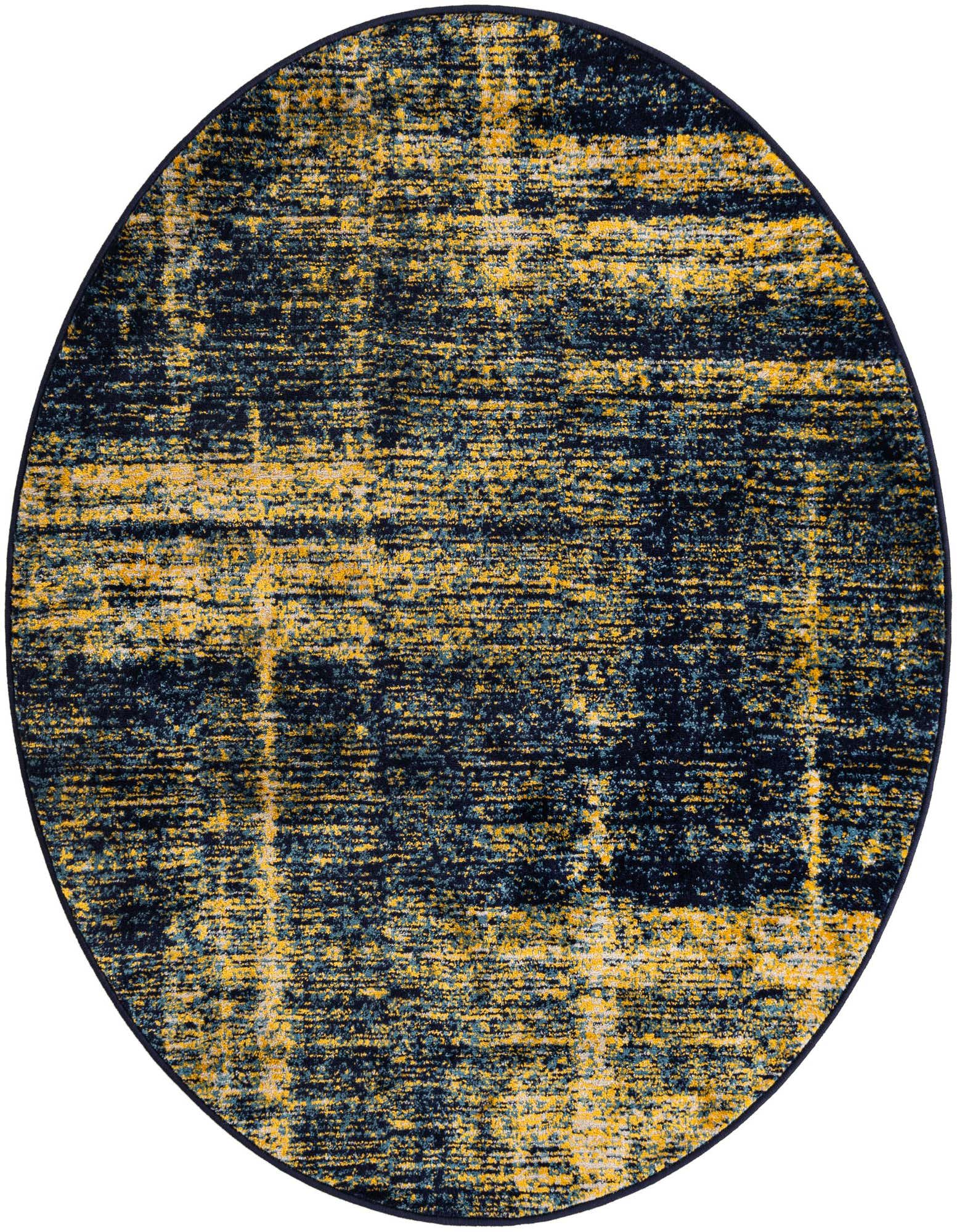A 5' 3 round navy blue and yellow polypropylene rug with an abstract, distressed pattern, suitable for indoor use.