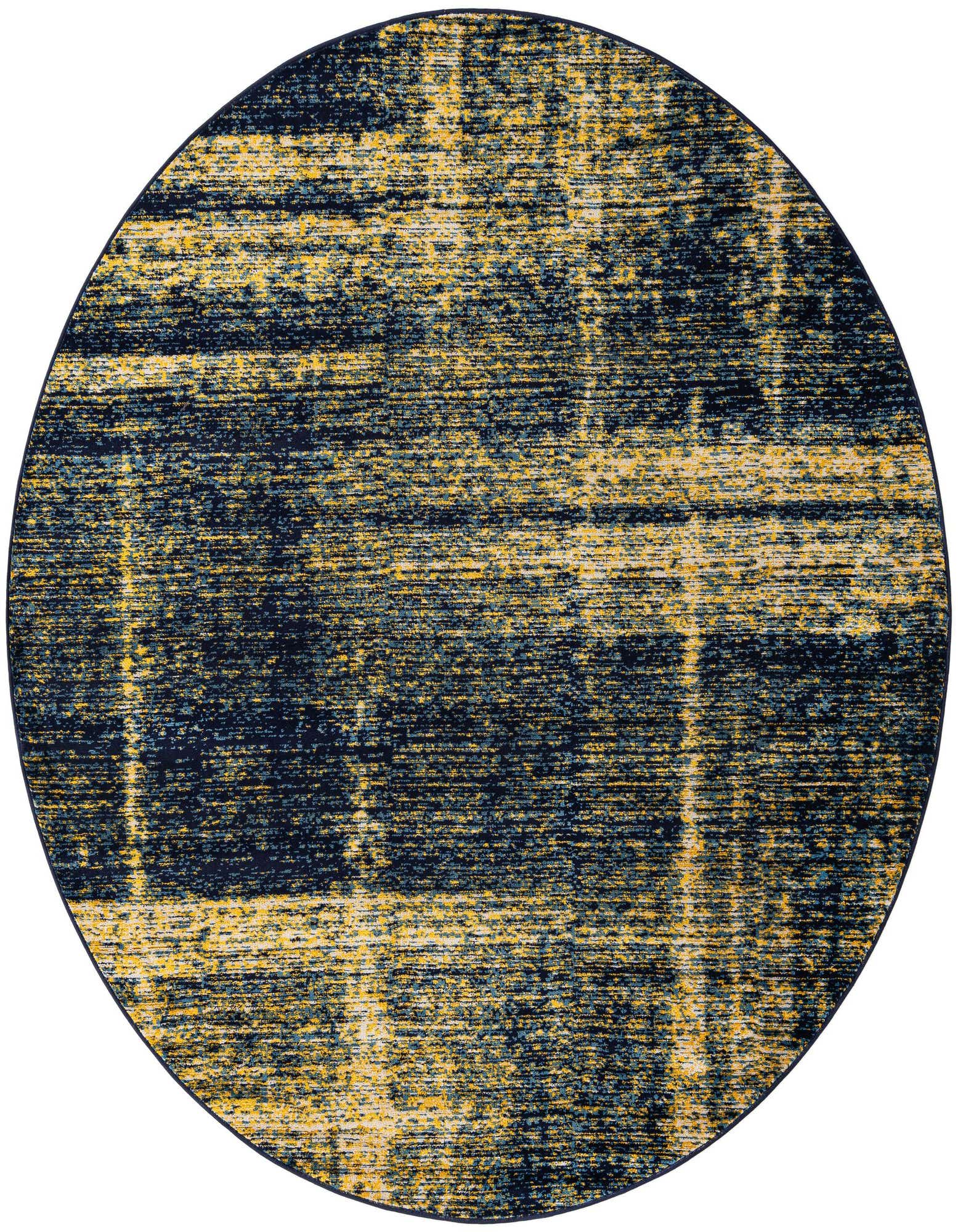 A round navy blue and yellow area rug with an abstract, distressed pattern, suitable for a patio.