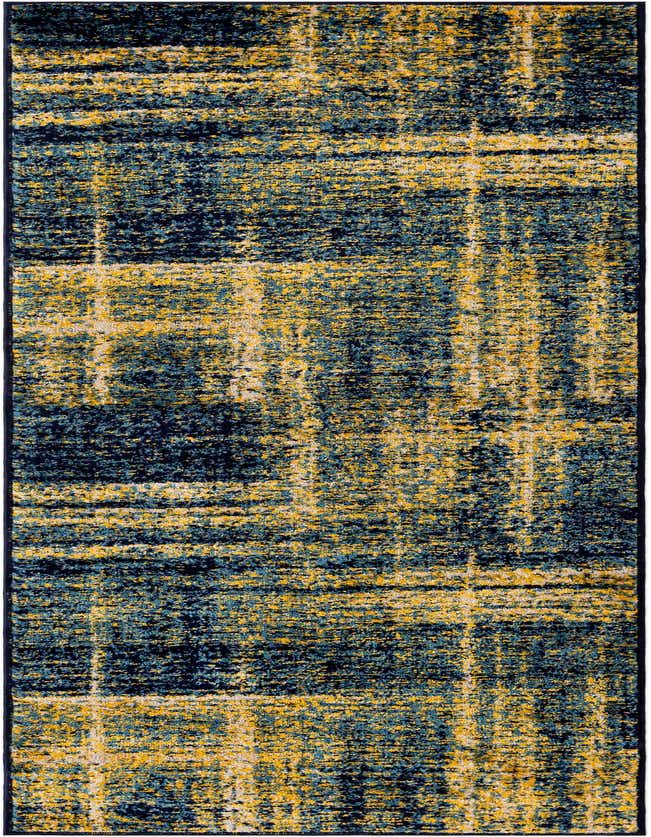 A long 8 ft runner rug featuring an abstract pattern in navy blue, yellow, and light blue, ideal for a hallway.