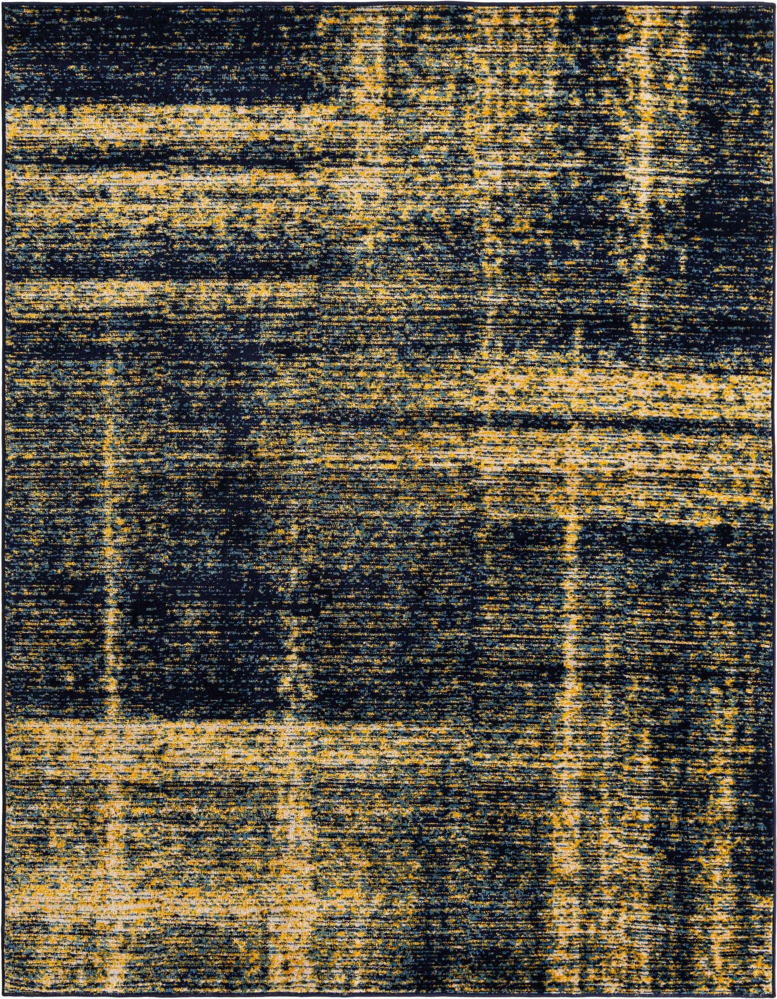 A square 7'10" x 7'10" Rugs.com Laguna rug featuring an abstract distressed pattern in navy blue and yellow.