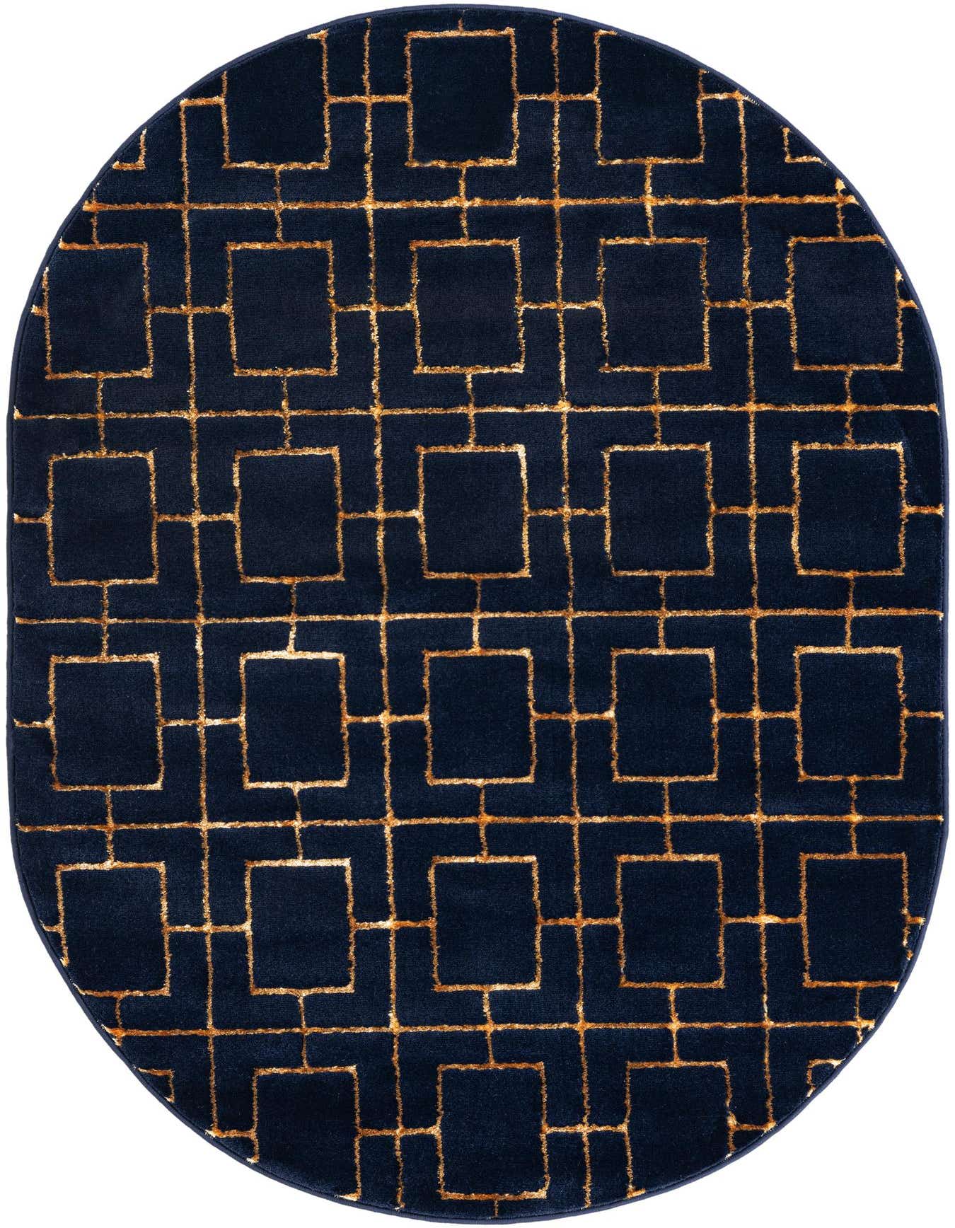 An oval 4'x6' blue rug with a shimmering gold modern trellis pattern, perfect for adding Hollywood glam to an indoor space.