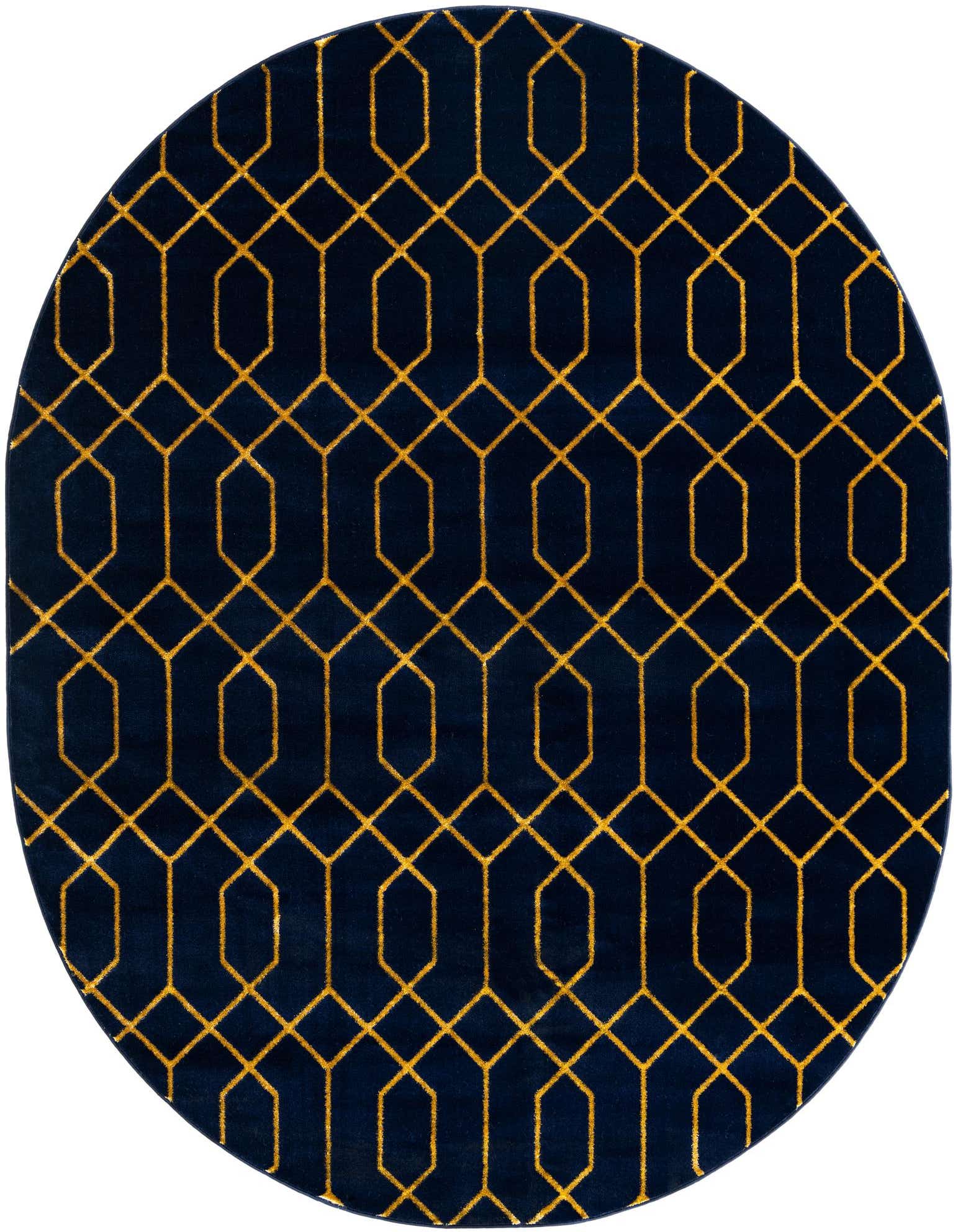 An oval 7' 10 x 10' 0 Marilyn Monroe Glam Trellis rug featuring a bold gold geometric trellis pattern on a deep navy blue background.