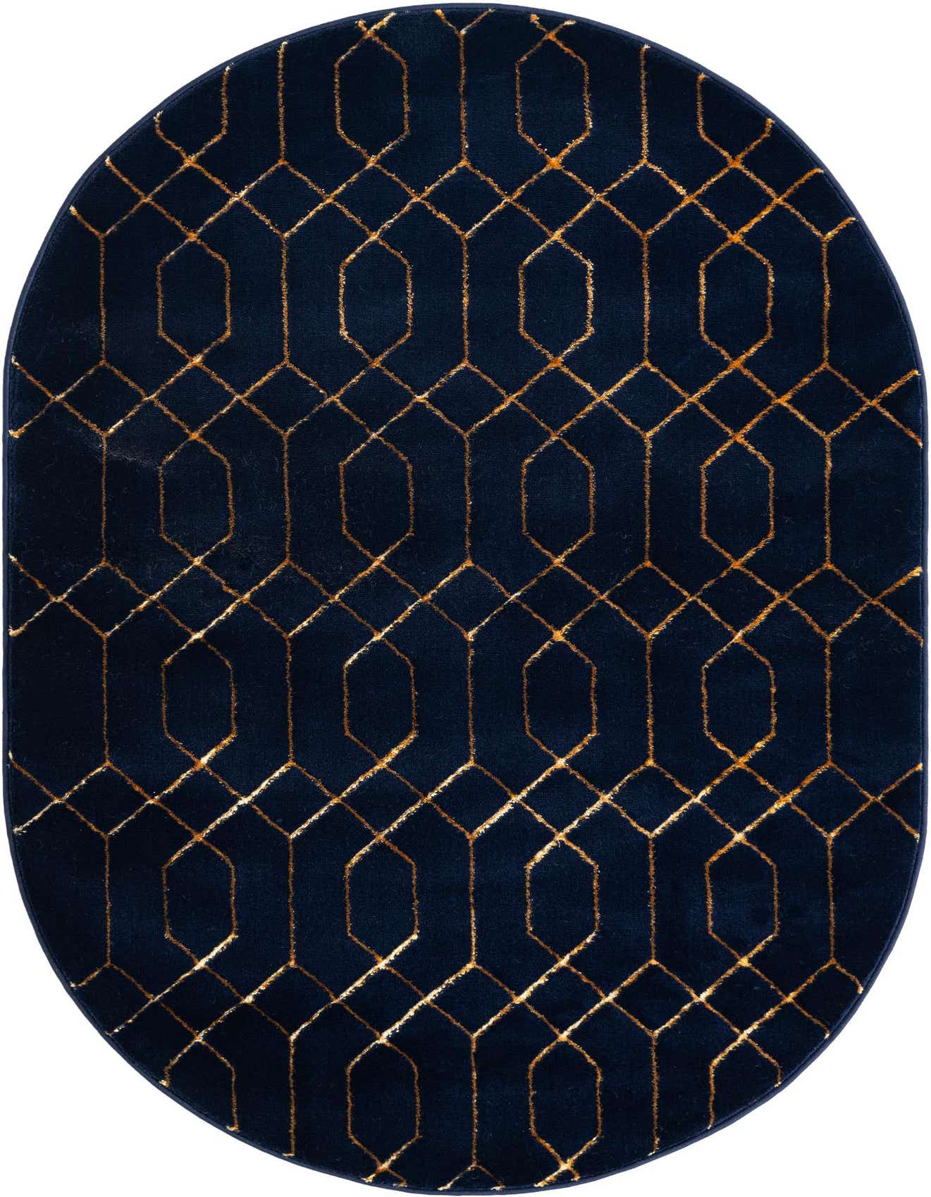 An oval 4'x6' Rugs.com Marilyn Monroe Glam Trellis rug featuring a rich navy blue background with a shimmering gold geometric trellis pattern.