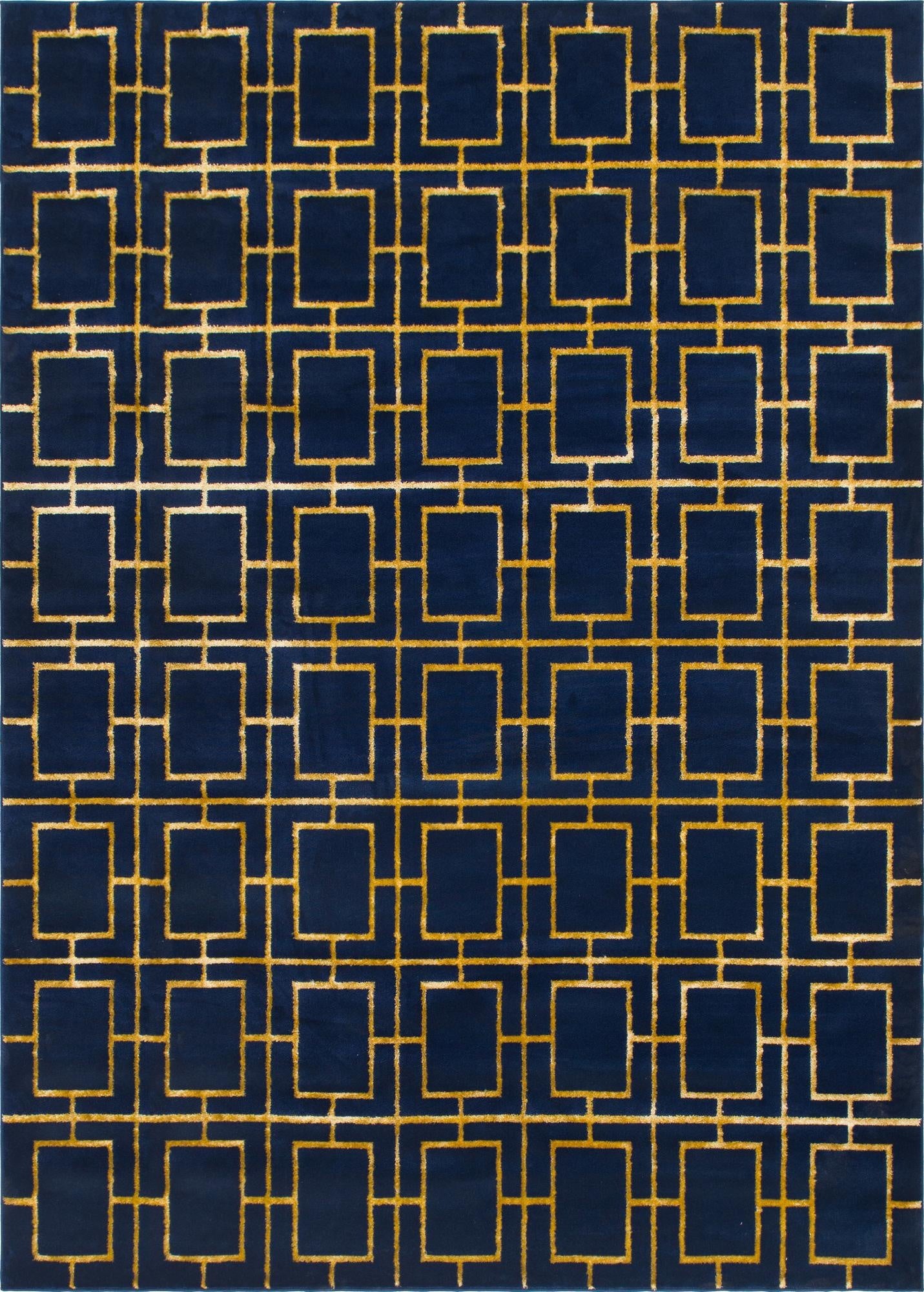 A 9x12 rectangular Hollywood Glam rug featuring a bold gold trellis pattern over a deep navy blue background.