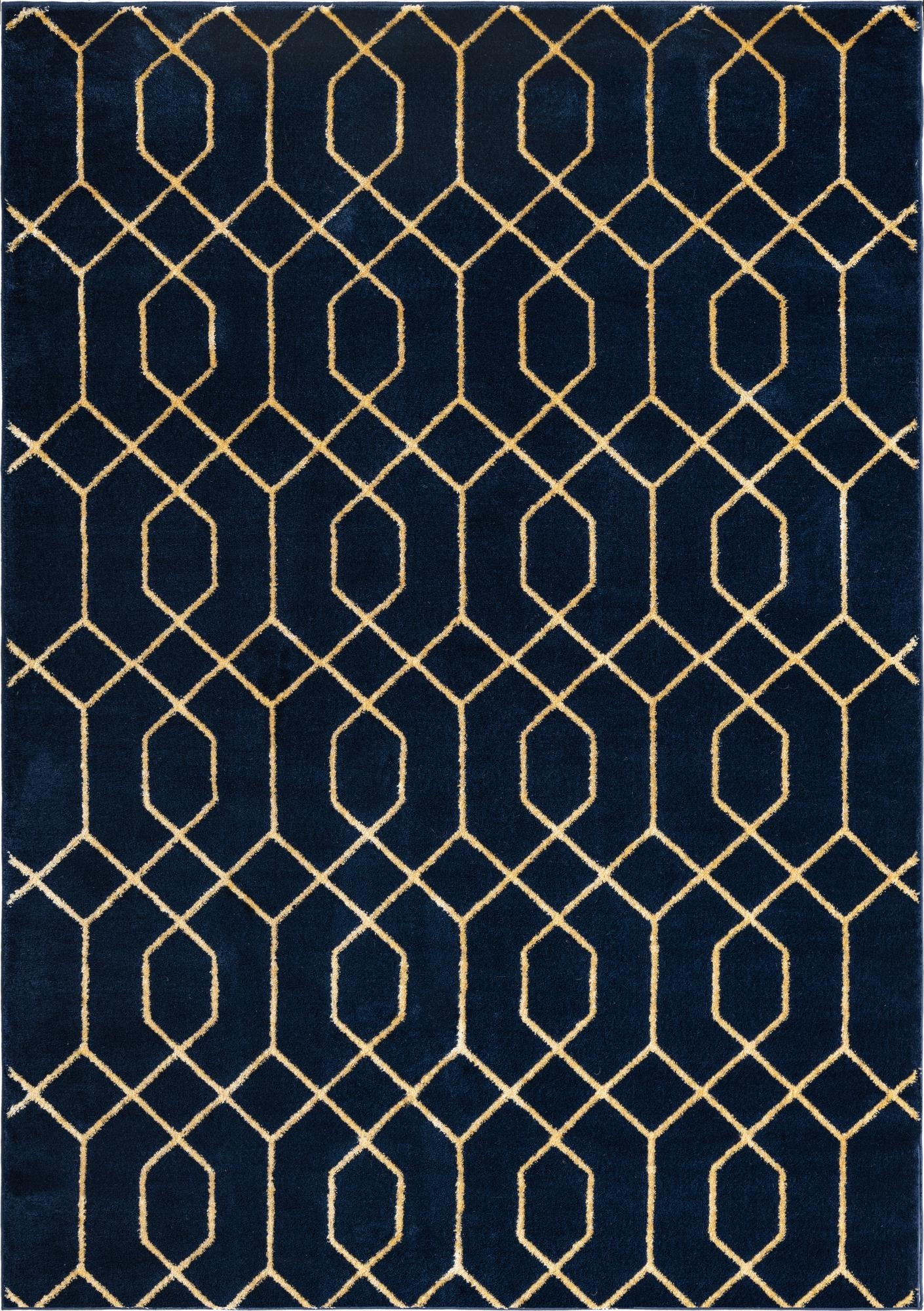 A 7x10 rectangular navy blue rug with a repeating gold modern trellis pattern, suitable for a living room.