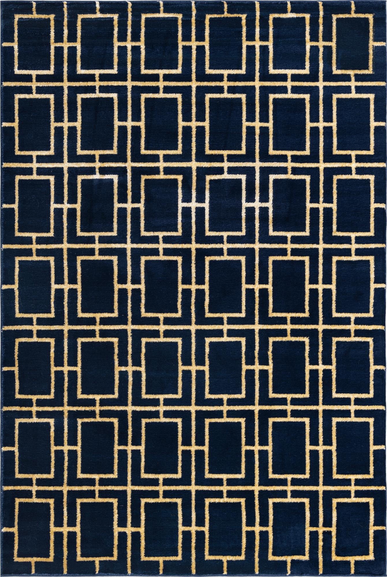 A 6x9 rectangular Marilyn Monroe Glam Trellis rug featuring a bold gold geometric trellis pattern on a deep navy blue background.