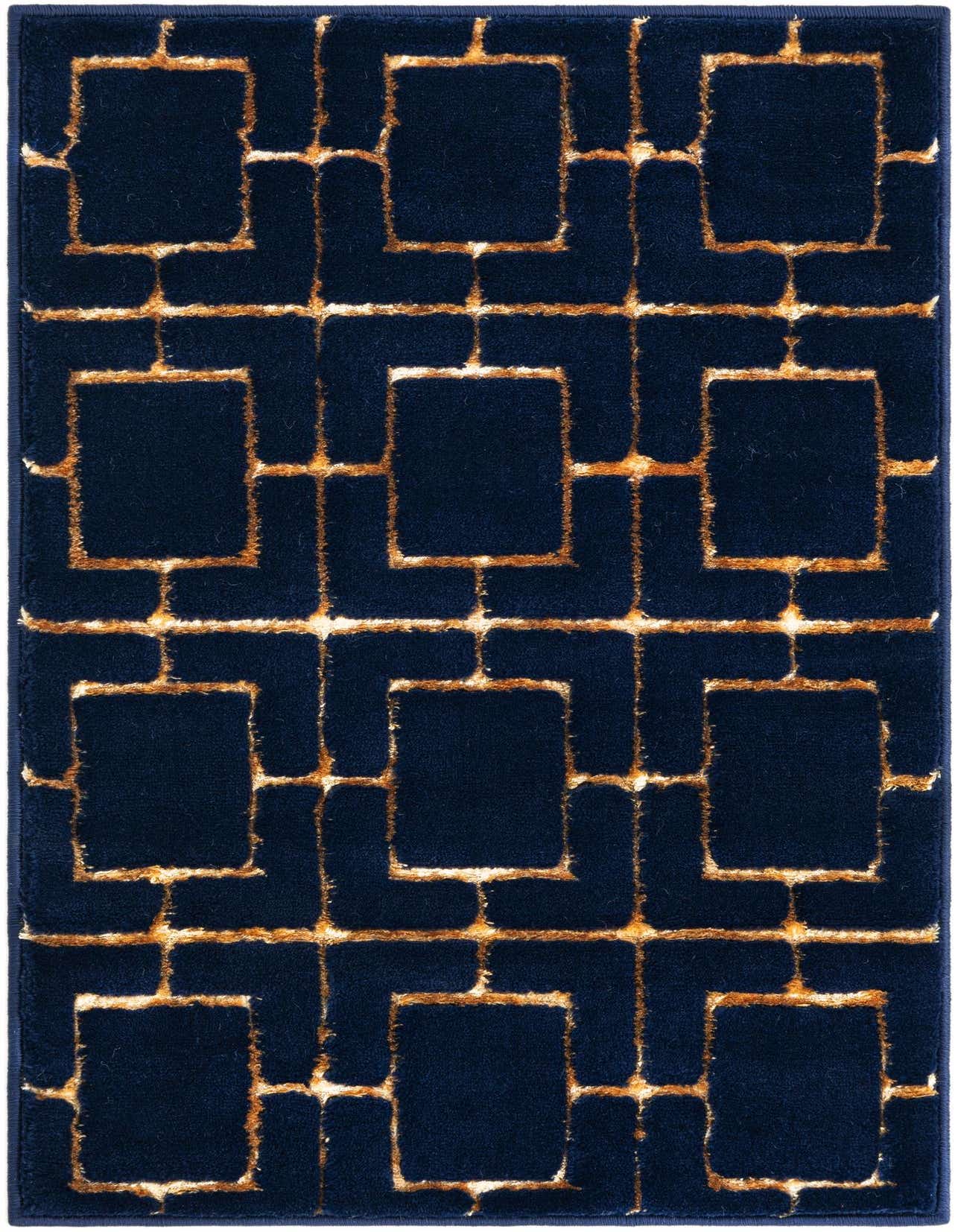 A 2x3 rectangular Marilyn Monroe Glam Trellis rug in navy blue with a textured gold geometric trellis pattern.