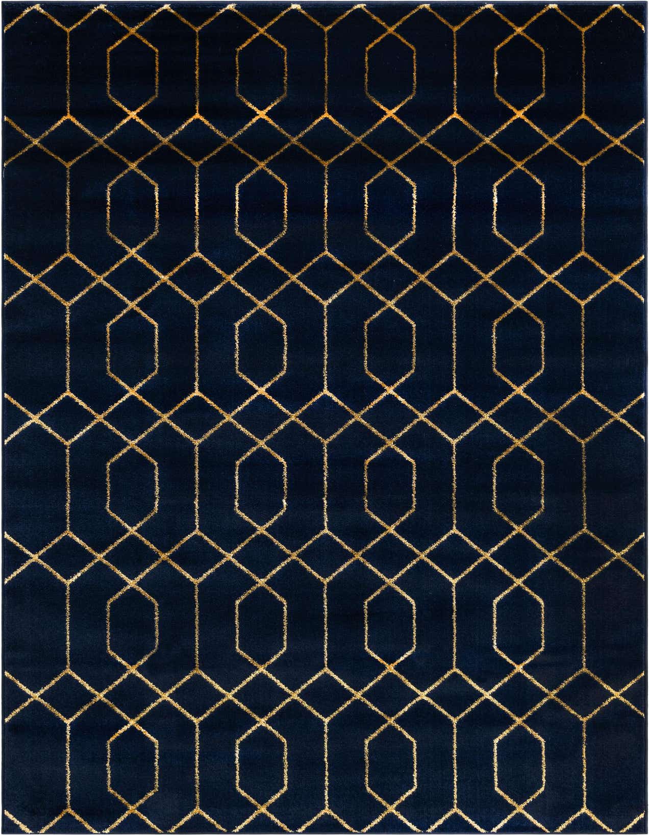 A 5x8 rectangular blue area rug featuring a shimmering gold Hollywood glam trellis pattern, ideal for a living room.