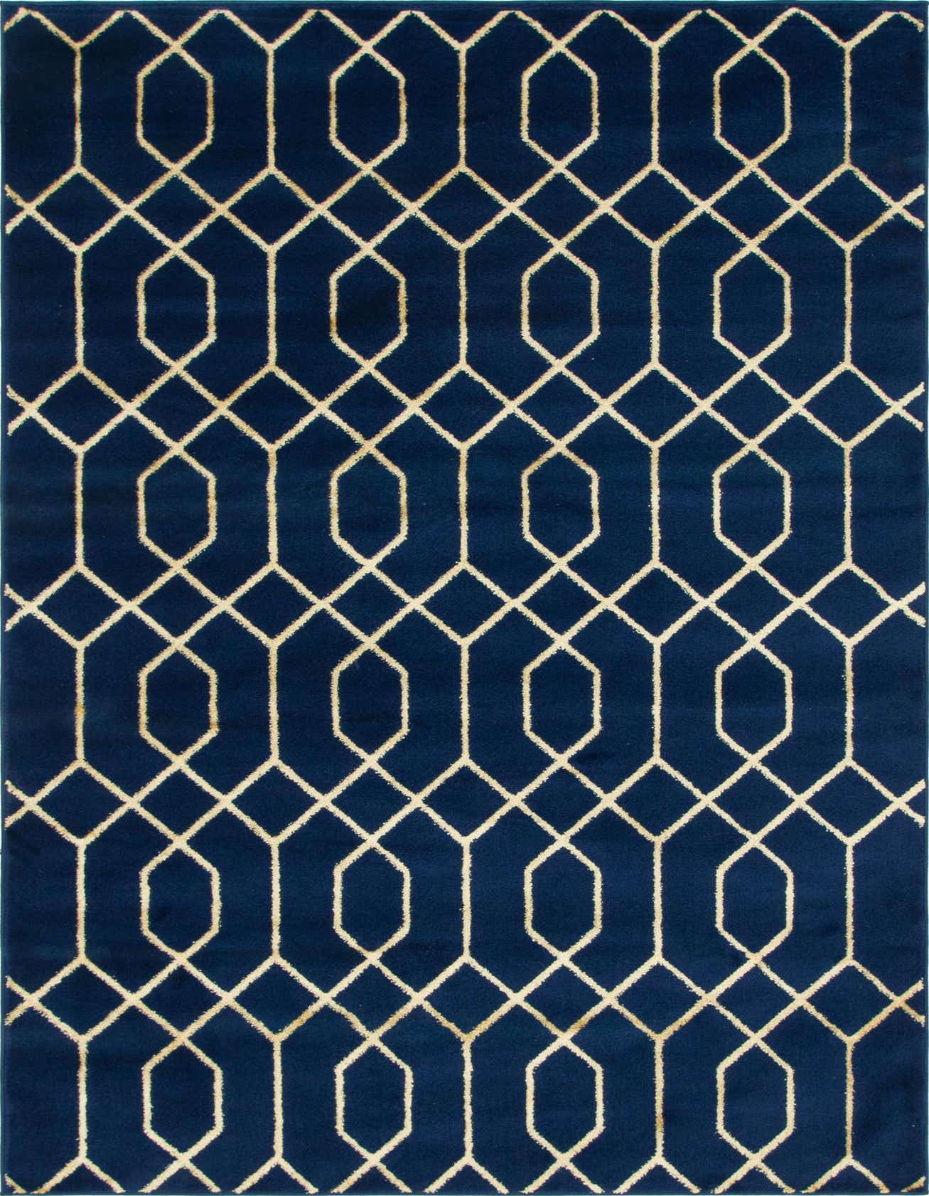 A 4x6 rectangular blue area rug with a repeating gold Hollywood glam trellis pattern, ideal for a living room.