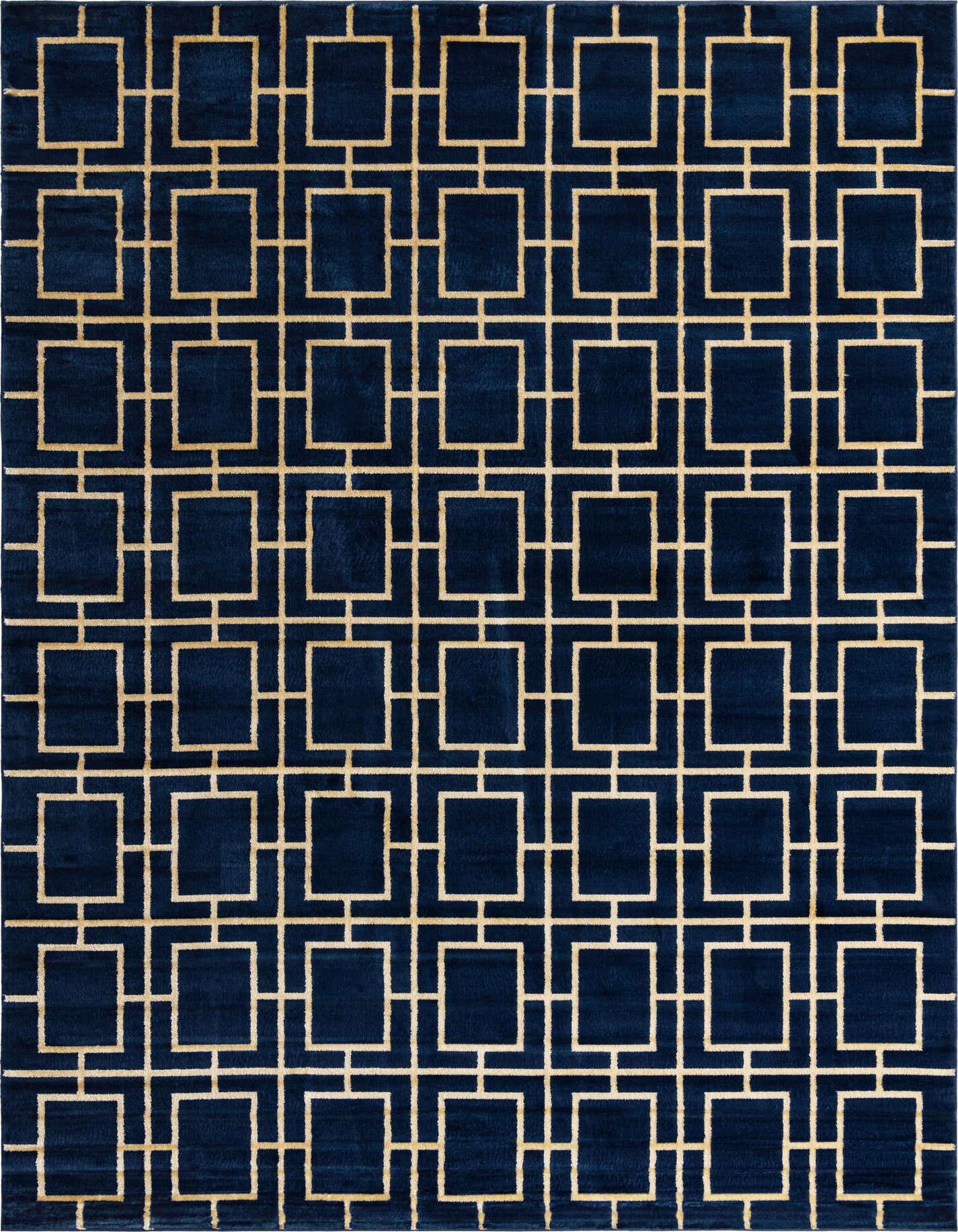 A 10x14 rectangular Marilyn Monroe Glam Trellis rug in deep blue with a repeating gold geometric trellis pattern.