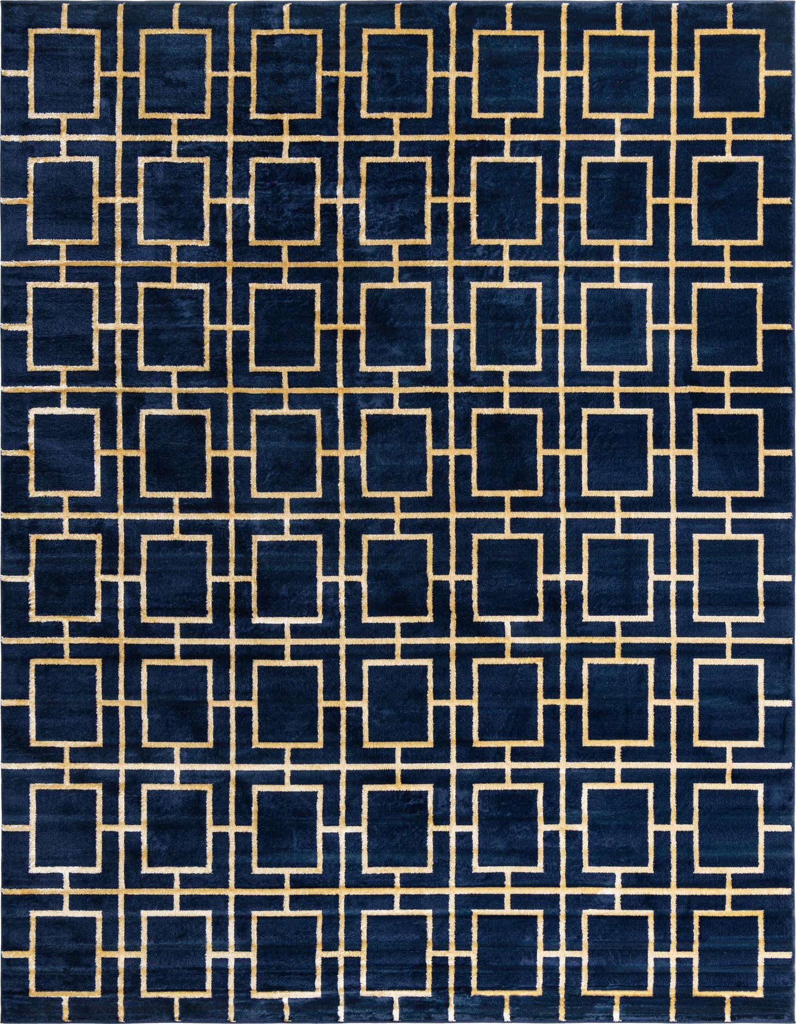 A 10x13 rectangular blue area rug featuring a modern Hollywood Glam trellis pattern in gold, suitable for a living room.