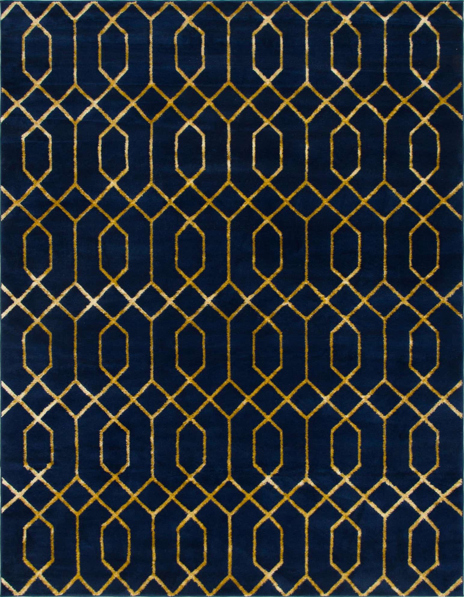 A 10x13 rectangular blue rug with a gold Hollywood Glam trellis pattern, featuring a textured pile.