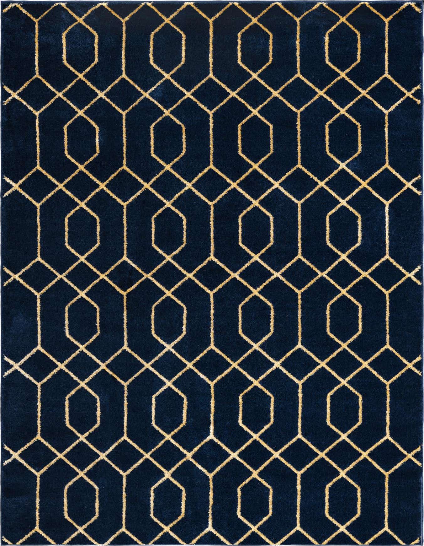 A 6x9 rectangular Marilyn Monroe Glam Trellis rug featuring a bold gold geometric trellis pattern on a deep blue background.