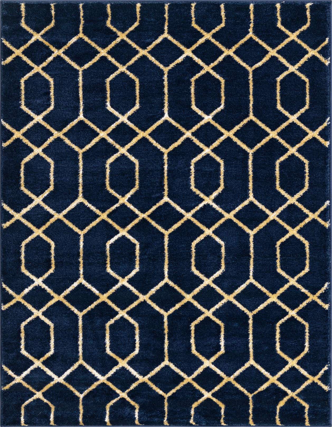 A rectangular 3x5 indoor rug featuring a textured navy blue background with a bold gold Hollywood glam trellis pattern.