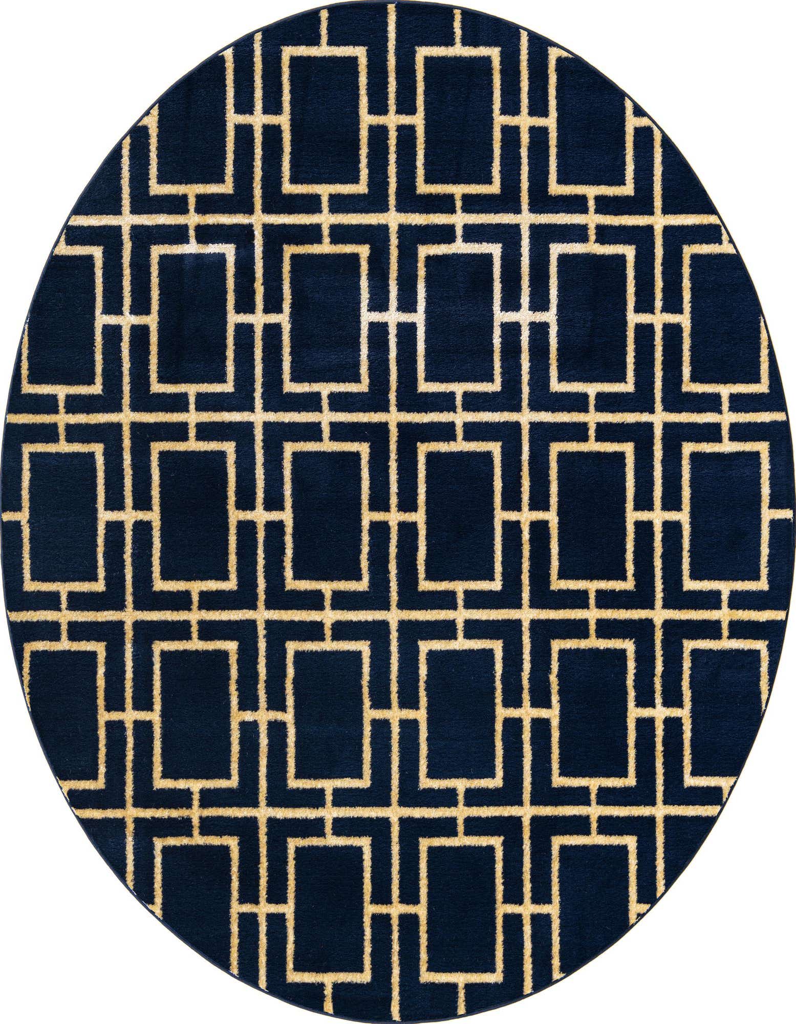 A round 7' 10" x 7' 10" blue rug with a gold modern trellis pattern, suitable for indoor spaces.
