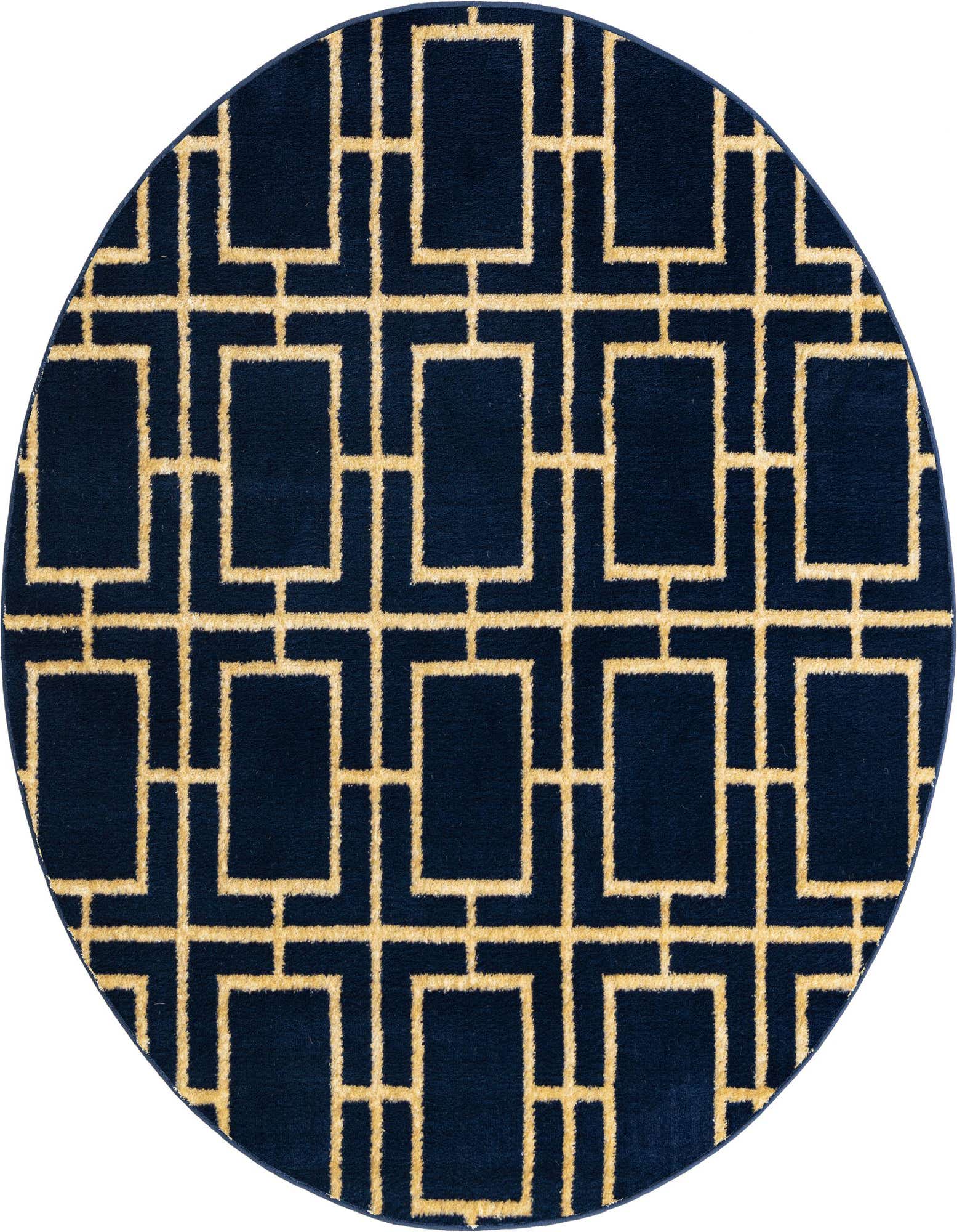 A 5' 3 round blue rug with a bold gold modern trellis pattern, perfect for a living room or bedroom.