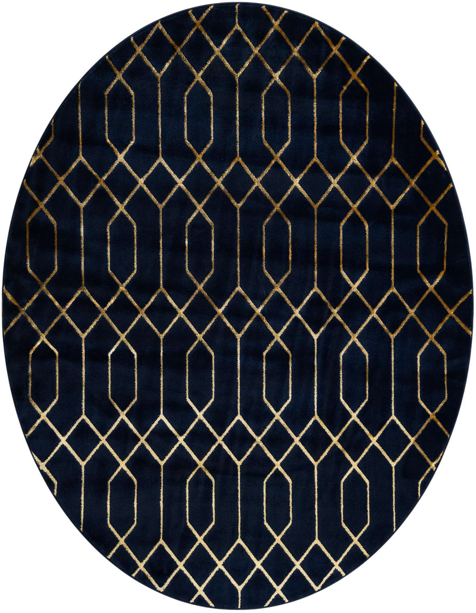 A round navy blue rug with a shimmering gold geometric trellis pattern, perfect for a modern living room.