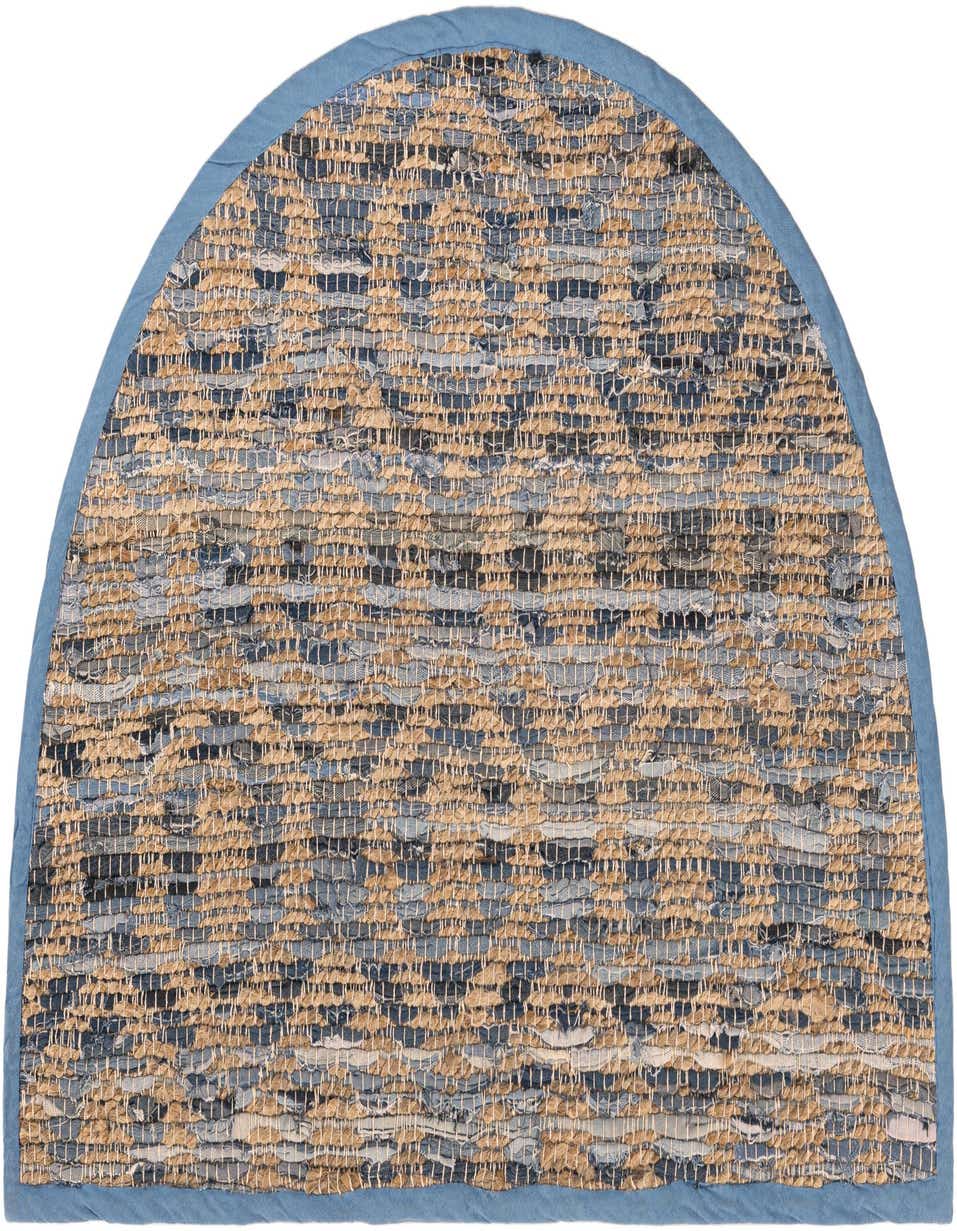 A 2' 2 x 3' 7 hearth-shaped rug featuring a textured weave of blue denim and natural jute, bordered by solid blue.