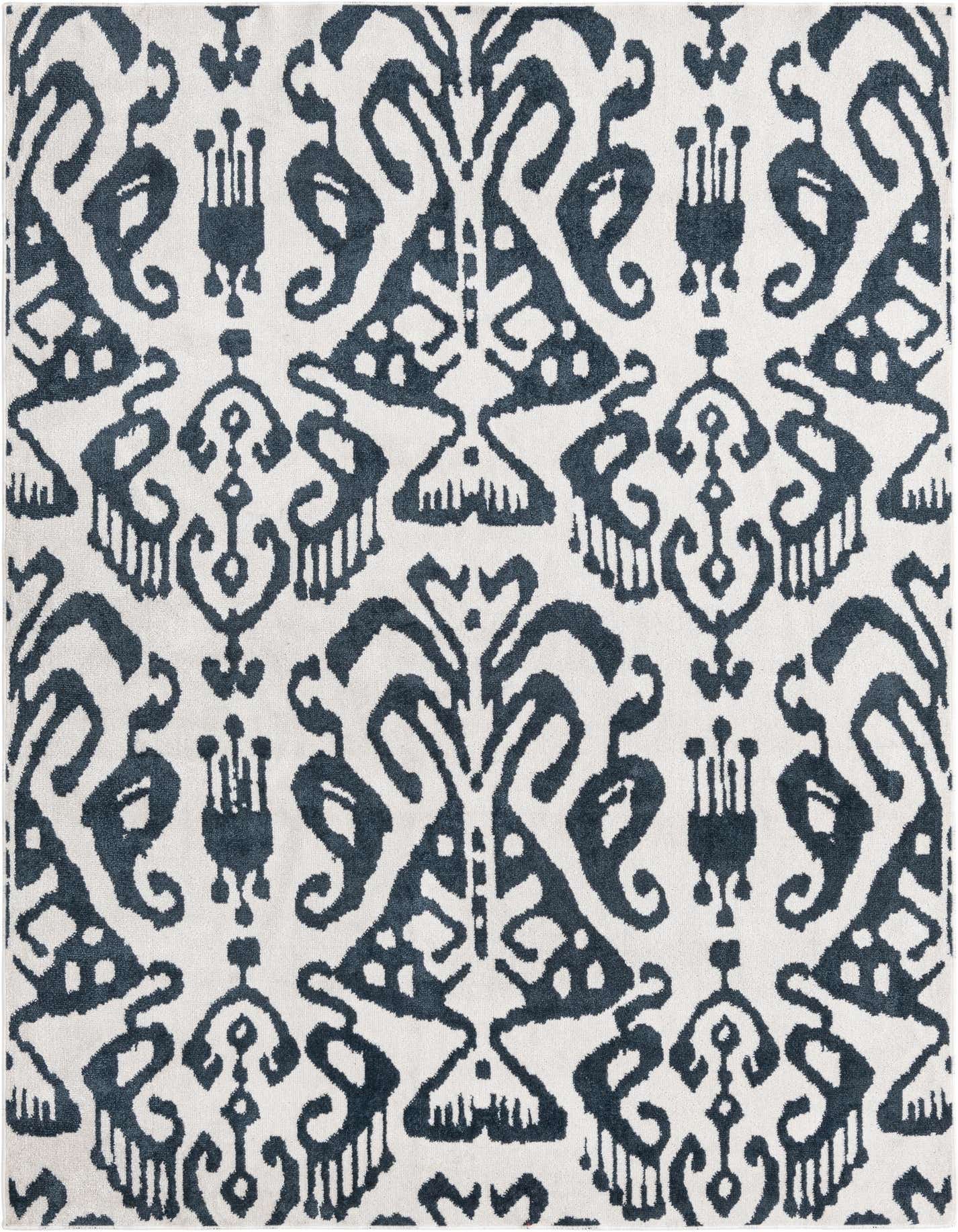 A 5x8 rectangular Rugs.com Victoria rug with a modern vintage ikat pattern in navy blue and ivory, suitable for a living room.