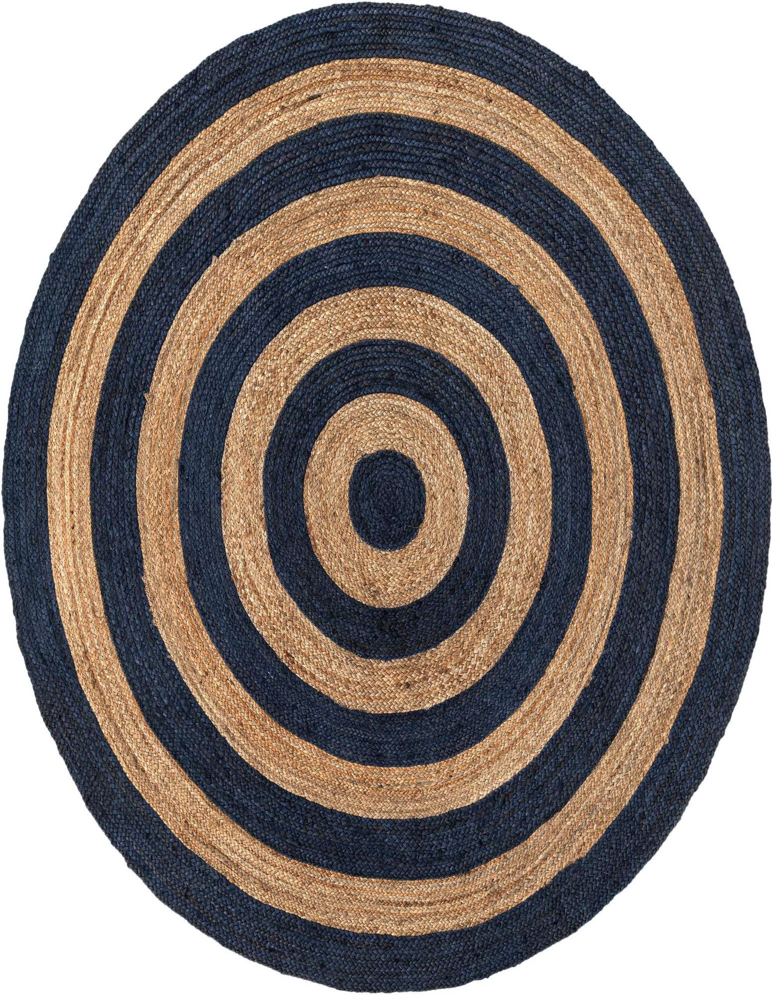 A 7' 1" round Rugs.com Braided Jute rug with alternating navy blue and natural concentric circles.