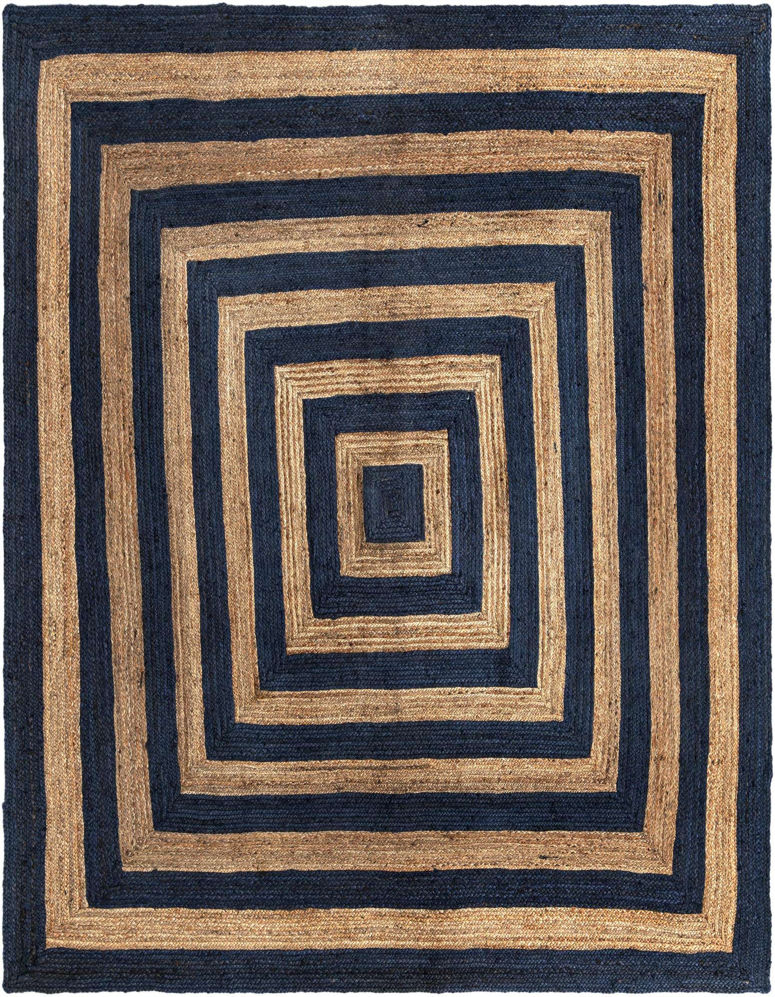A 10'x10' square navy blue and natural jute rug featuring a concentric square pattern, ideal for a living room.
